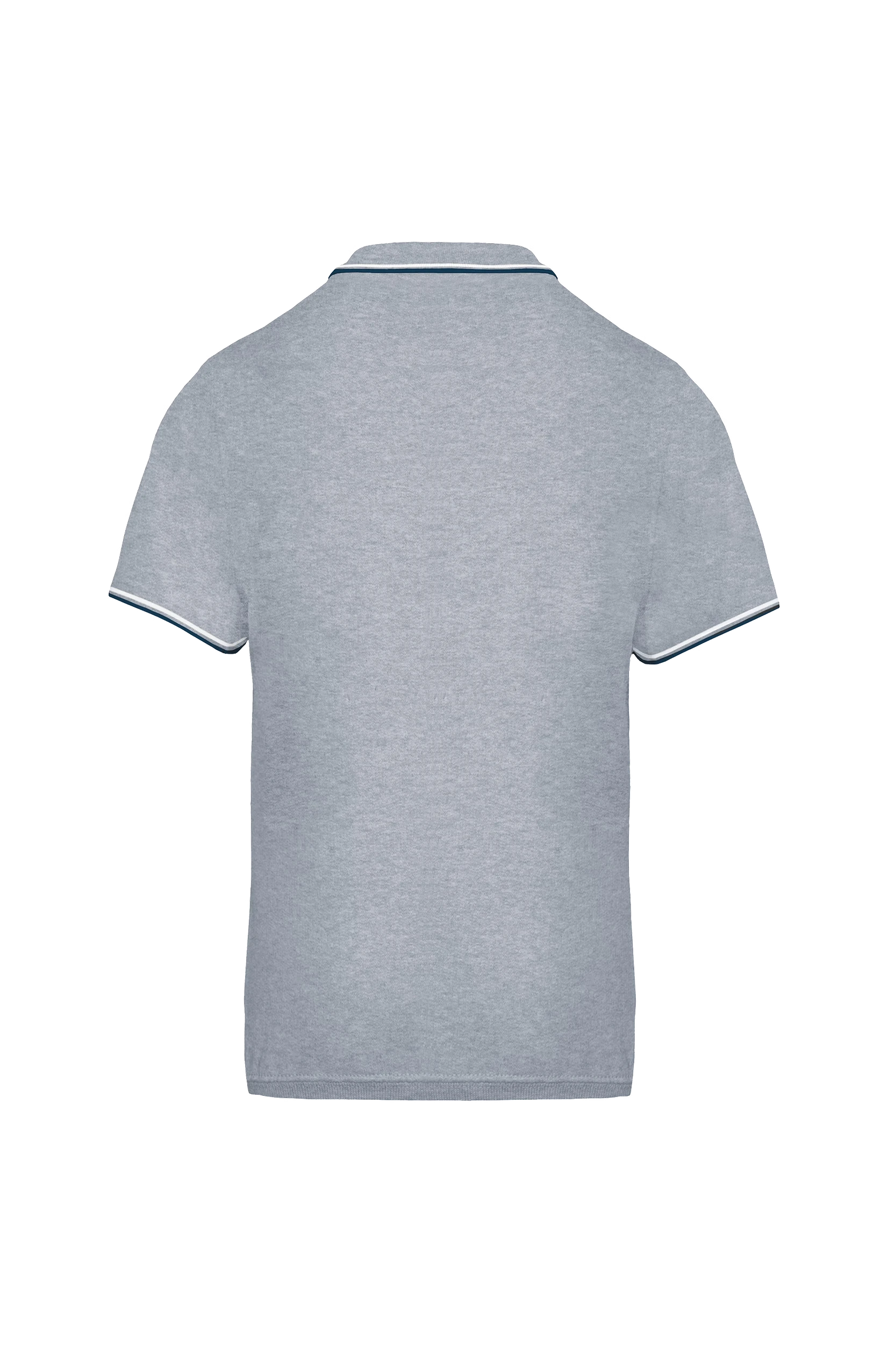 Polo maille piquée manches courtes gris bandes blanches et marine