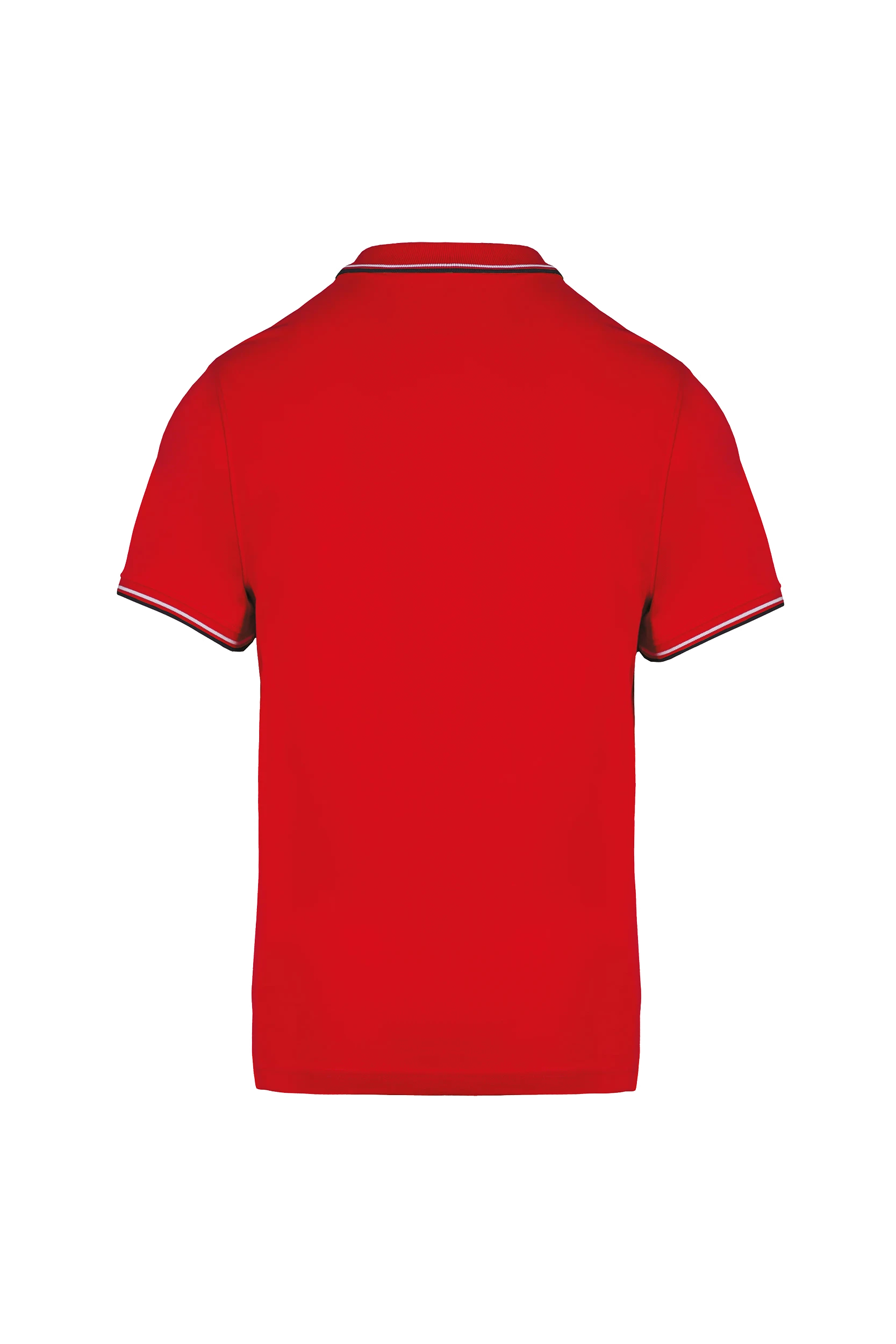 Polo maille piquée manches courtes rouge bandes blanches et marine