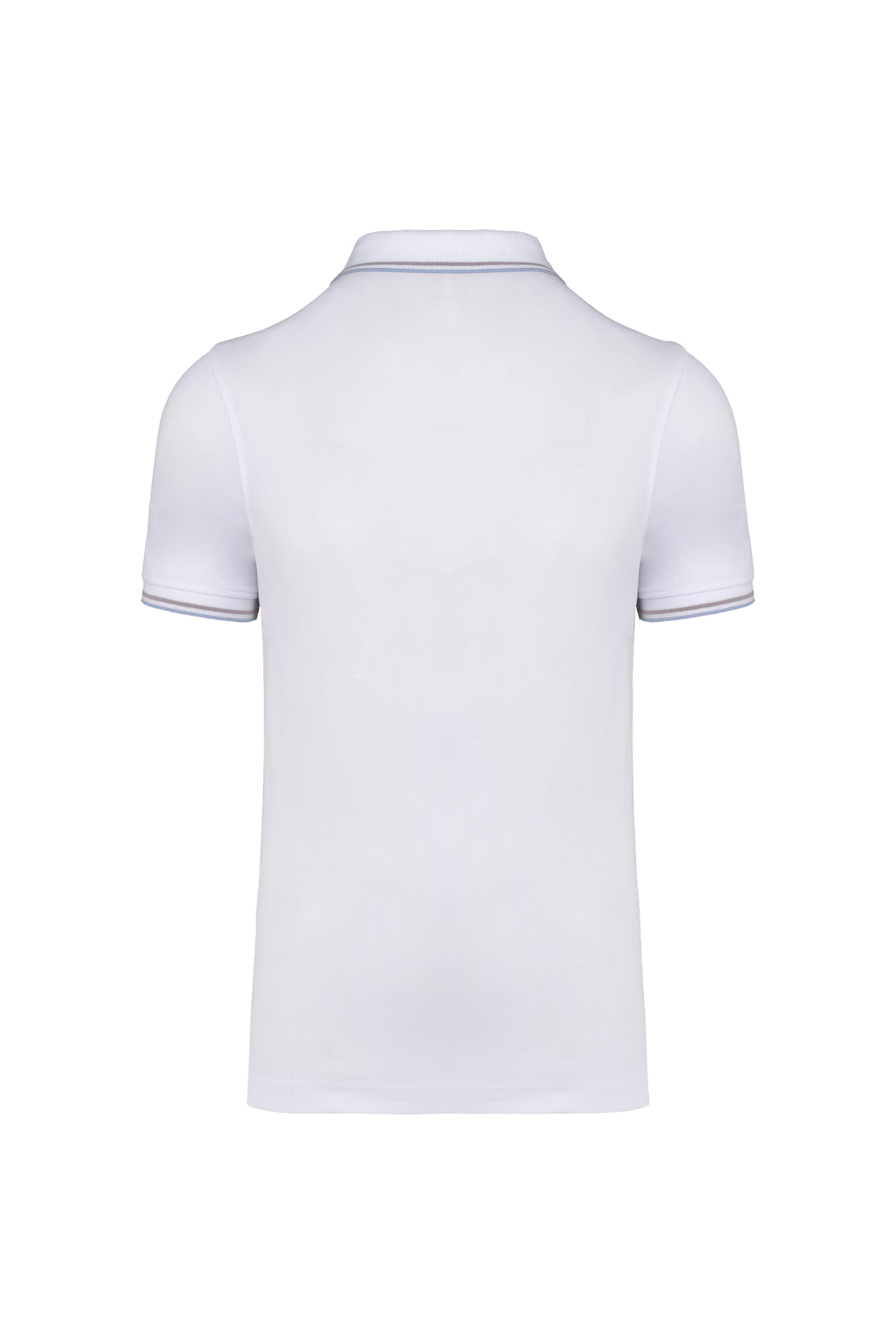 Polo maille piquée manches courtes blanc bandes grises et bleu clair