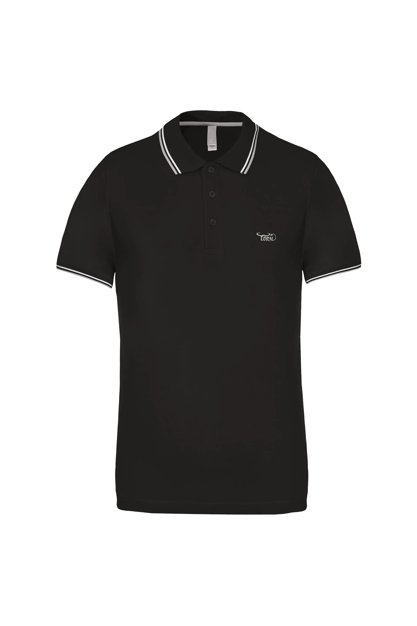 Polo maille piquée manches courtes noir bandes blanches et grises