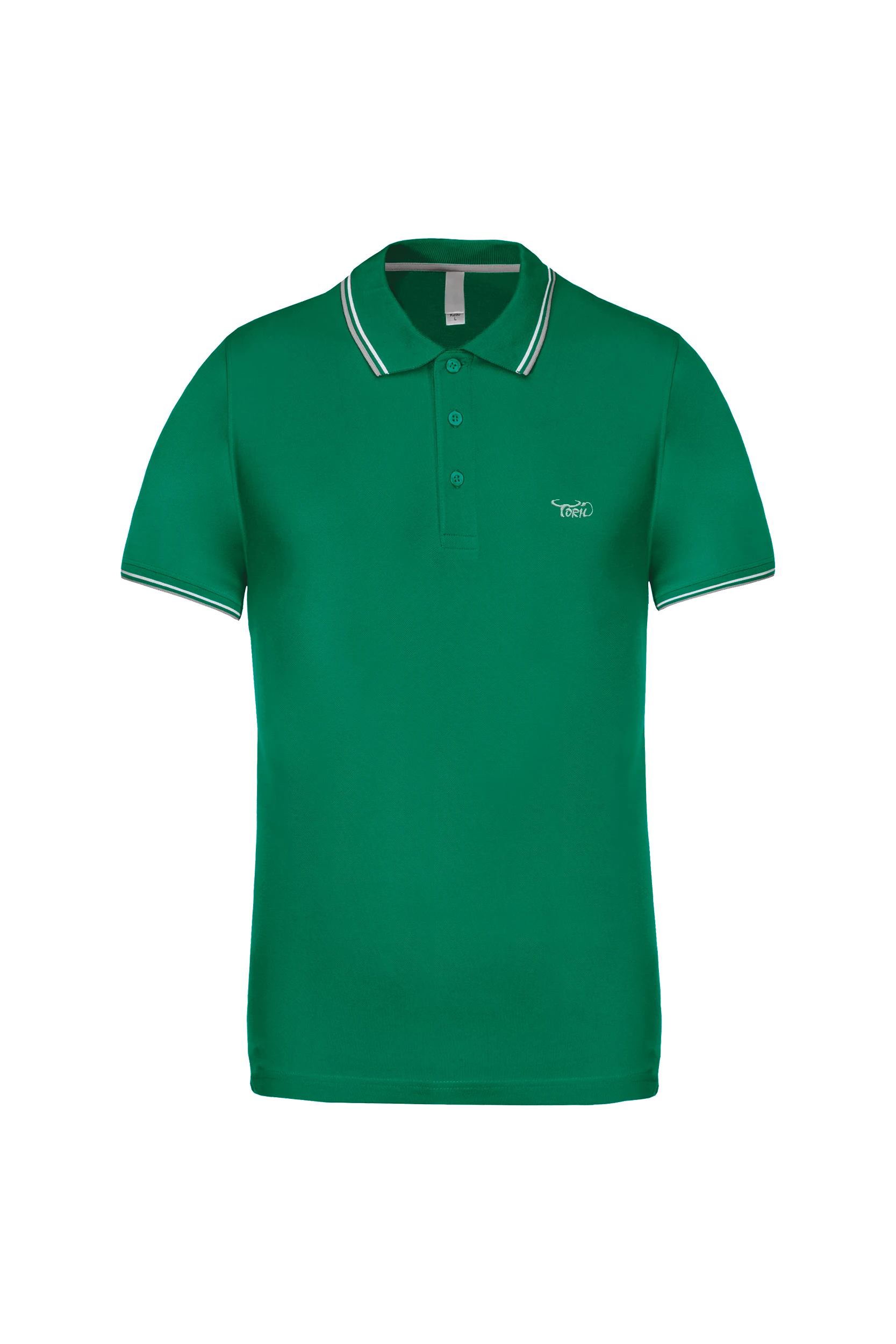 Polo maille piquée manches courtes vert vif bandes blanches et grises