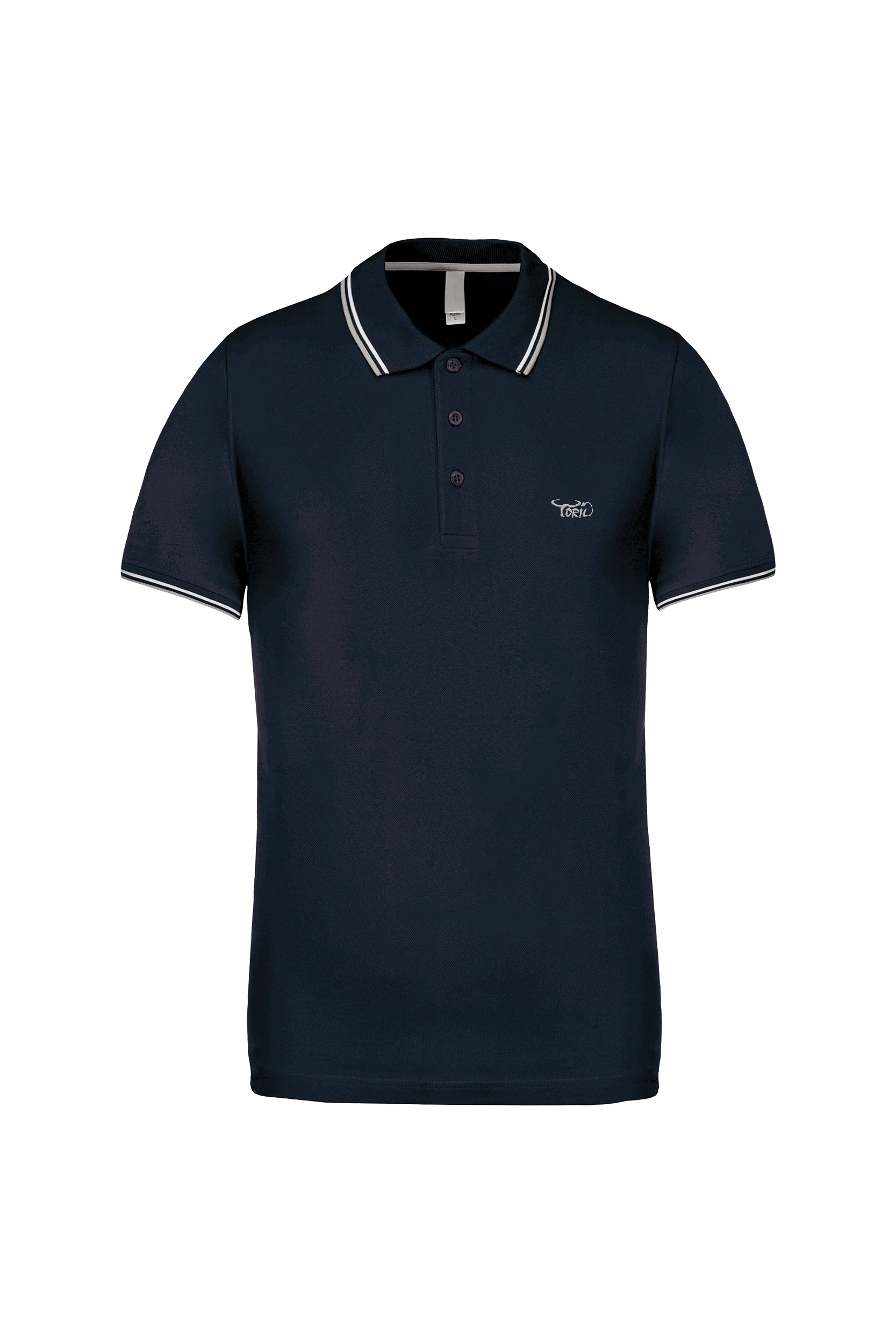 Polo maille piquée manches courtes marine bandes blanches et grises