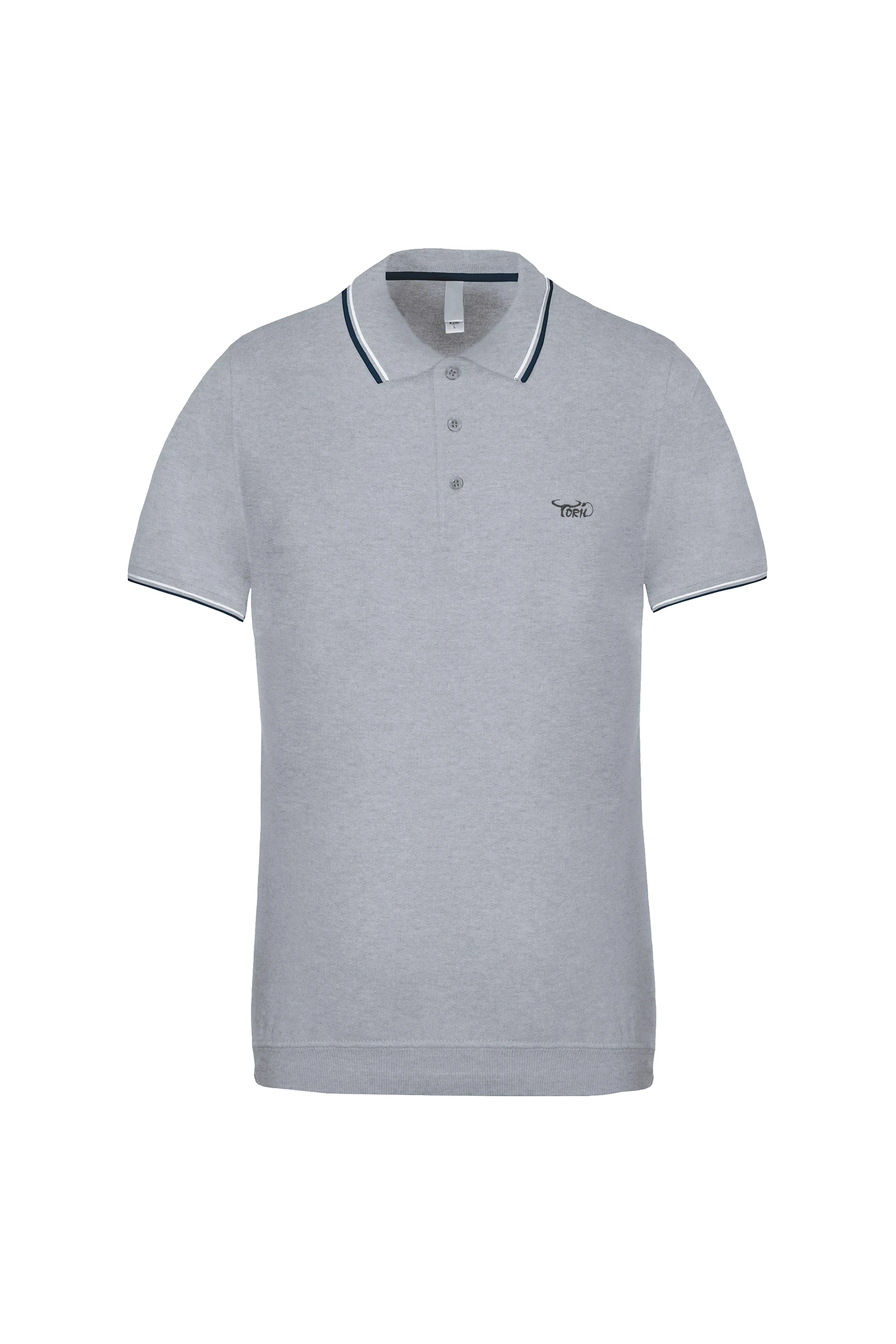 Polo maille piquée manches courtes gris bandes blanches et marine