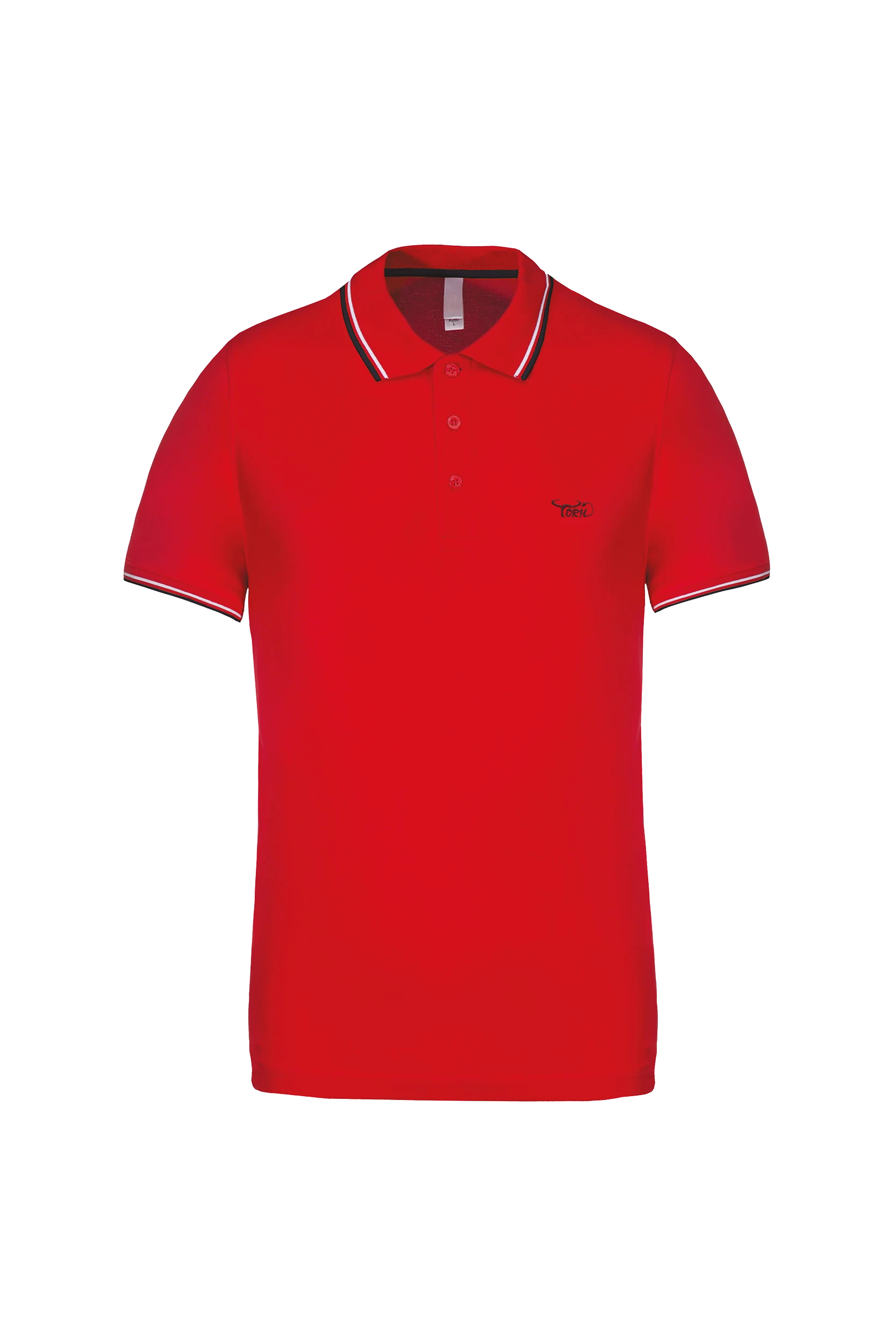 Polo maille piquée manches courtes rouge bandes blanches et marine