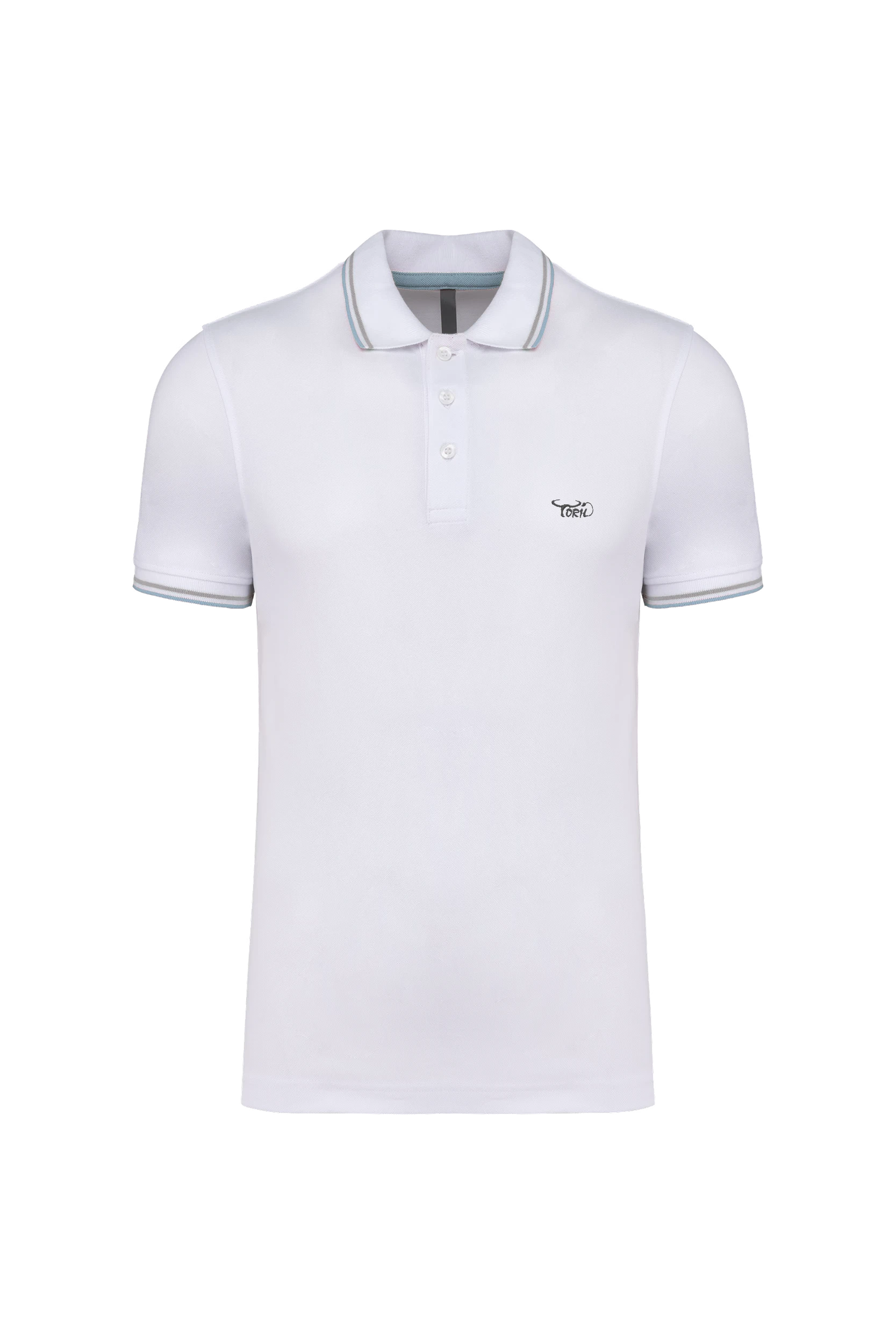 Polo maille piquée manches courtes blanc bandes grises et bleu clair