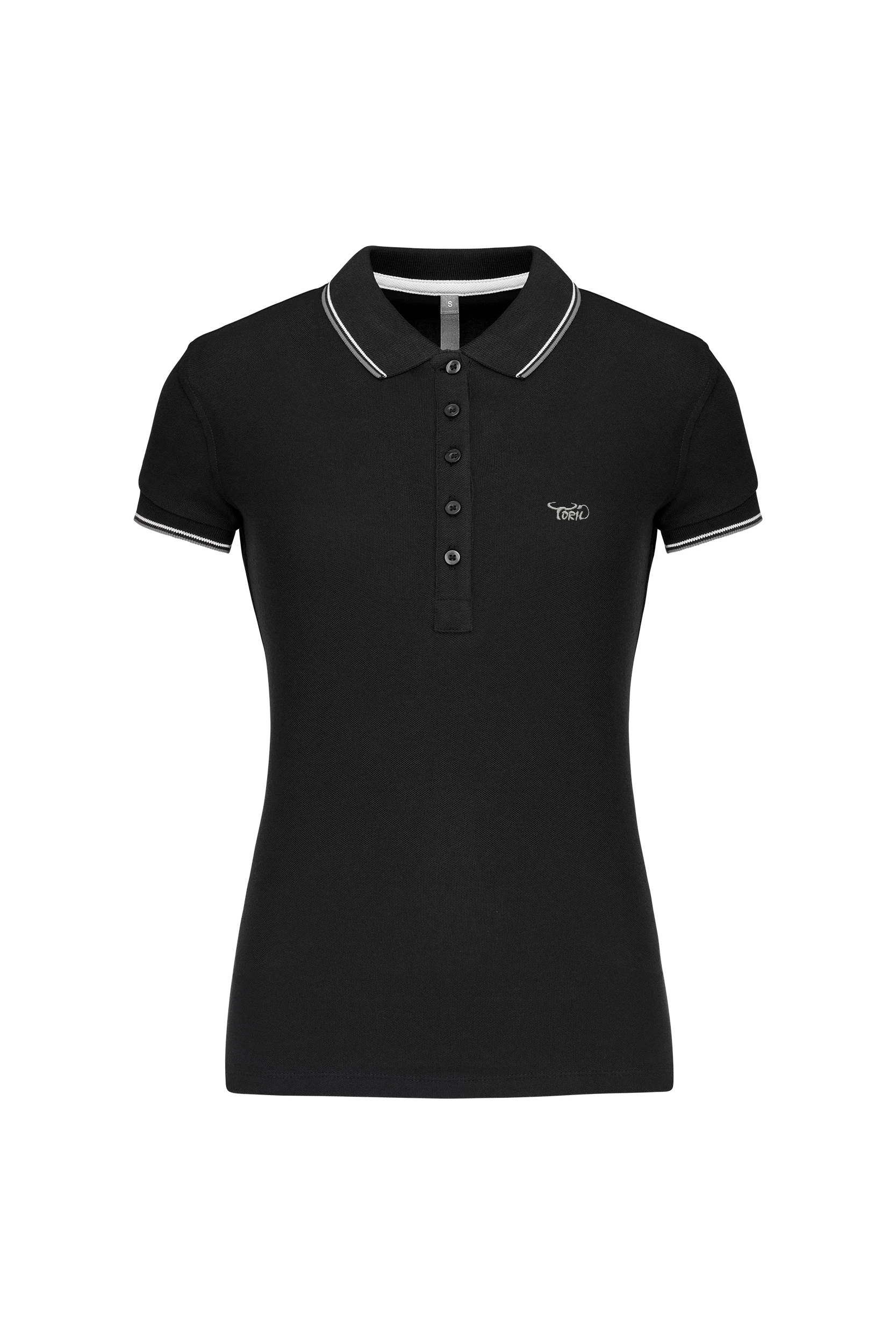 Polo manches courtes noir à bandes blanches et grises