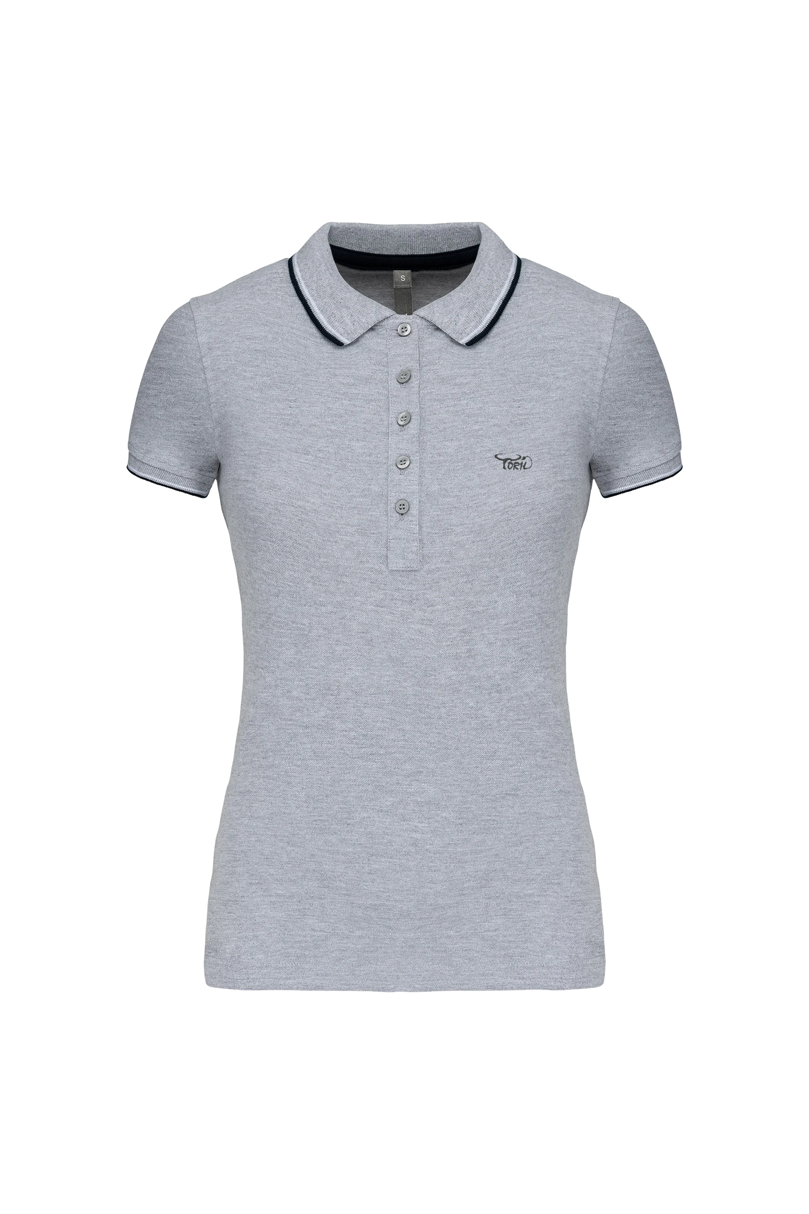 Polo manches courtes gris à bandes blanches et marine