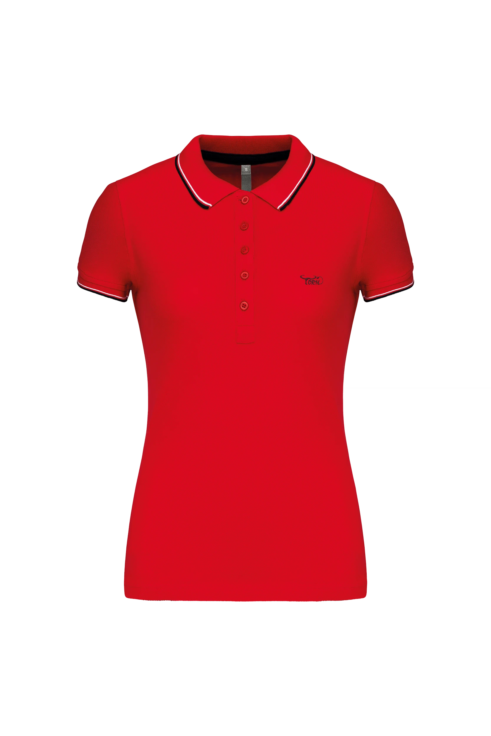 Polo manches courtes rouge à bandes blanches et marine