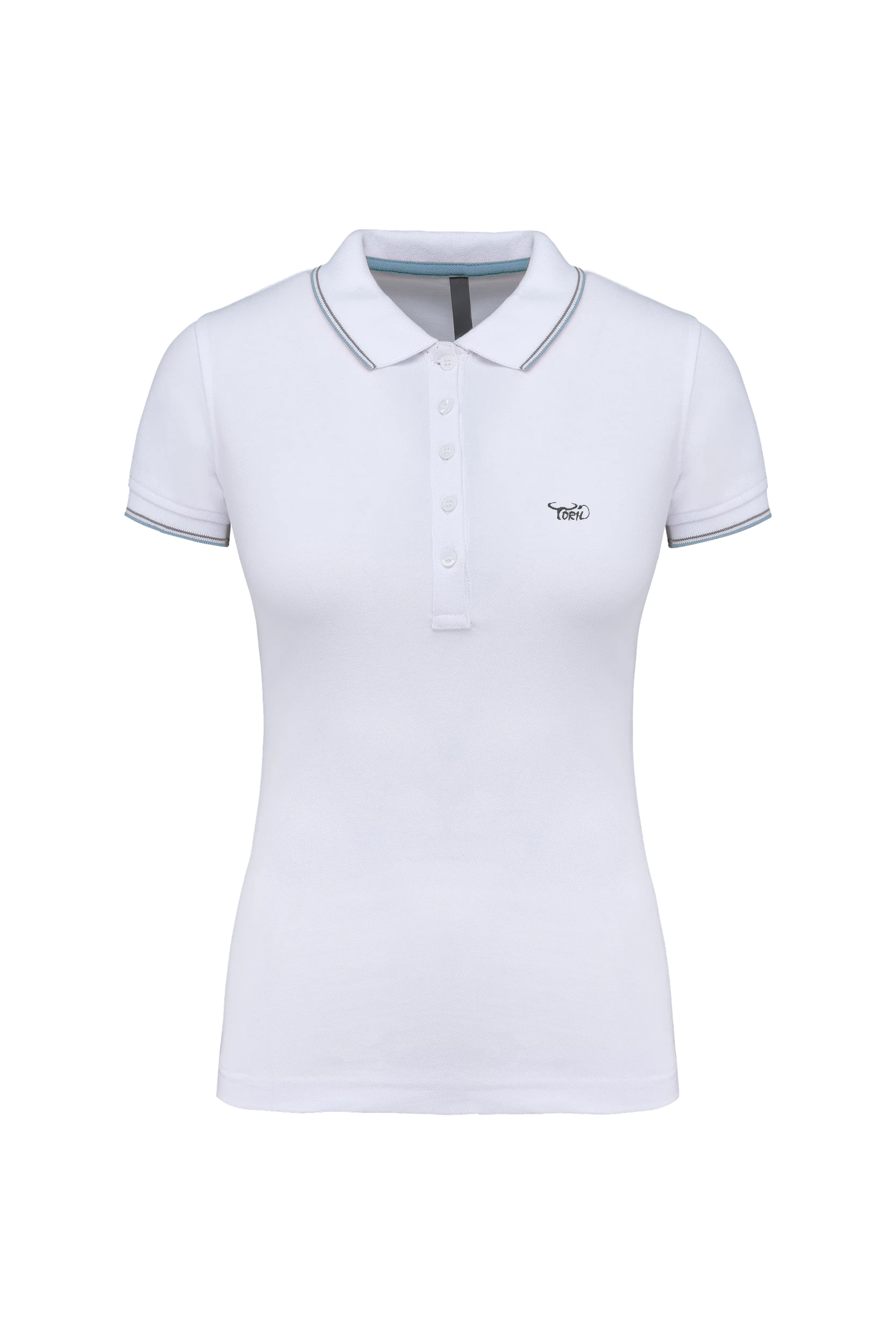 Polo manches courtes blanc à bandes grises et bleu clair