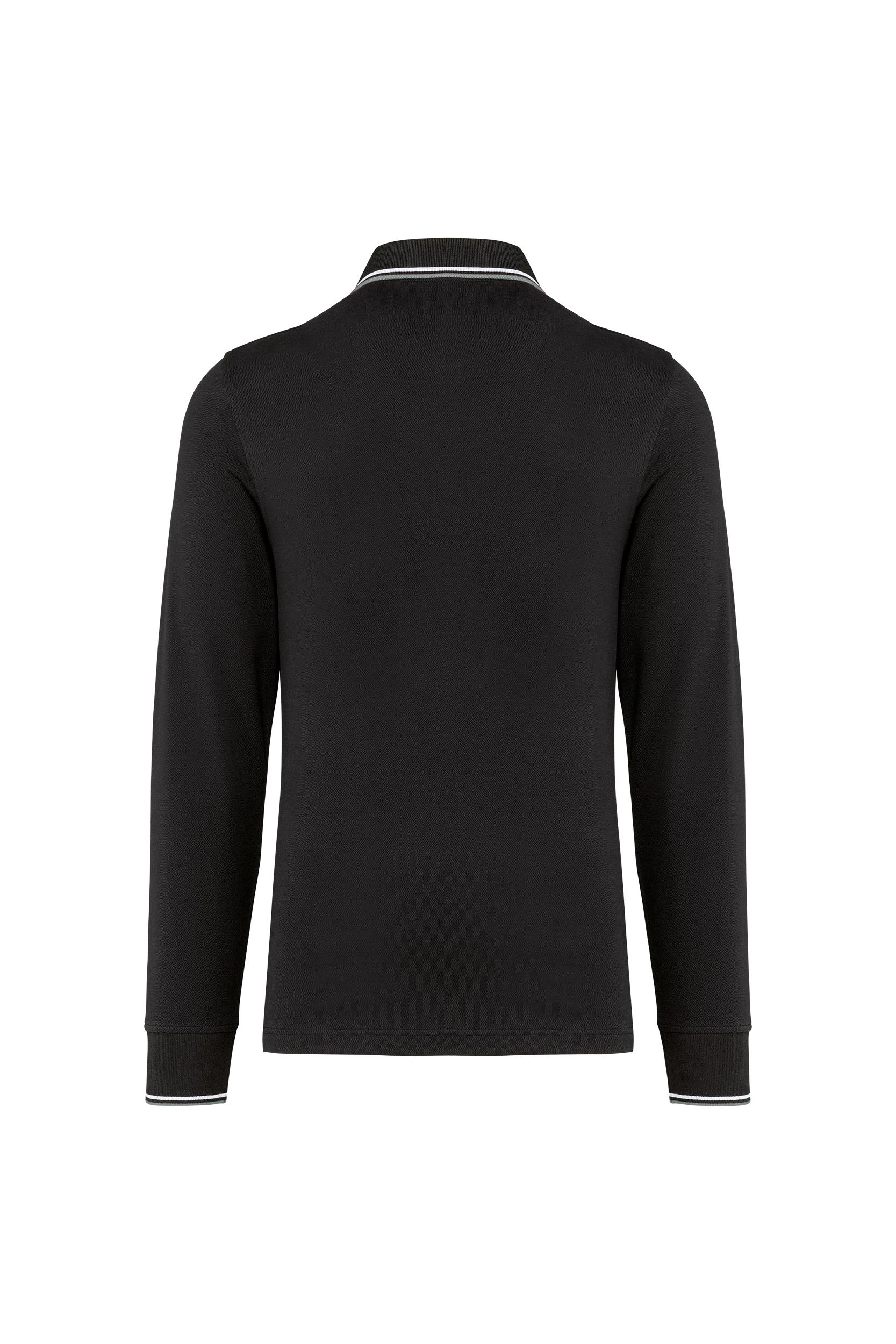 Polo maille piquée manches longues noir à bandes blanches et grises