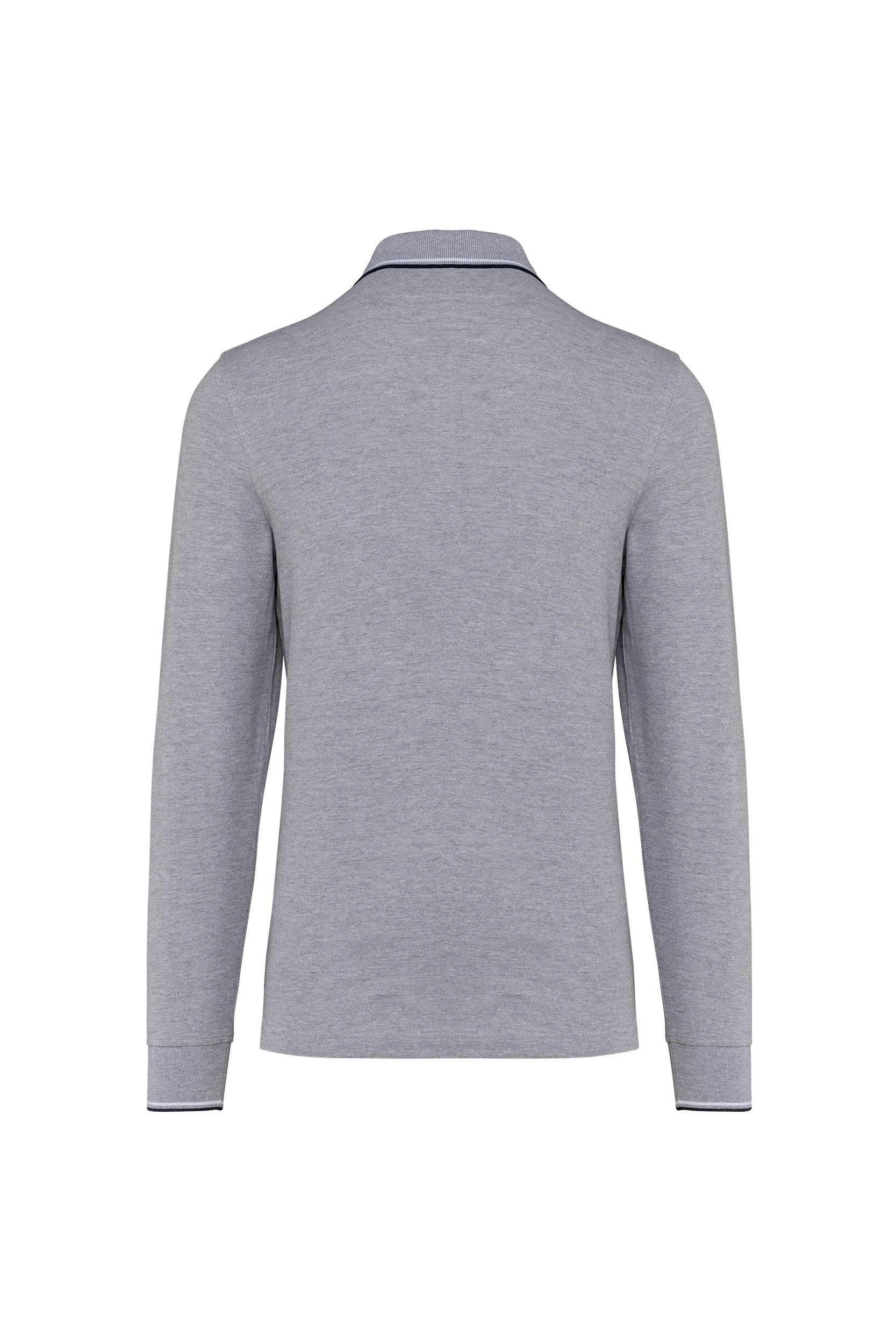 Polo maille piquée manches longues gris à bandes blanches et marine