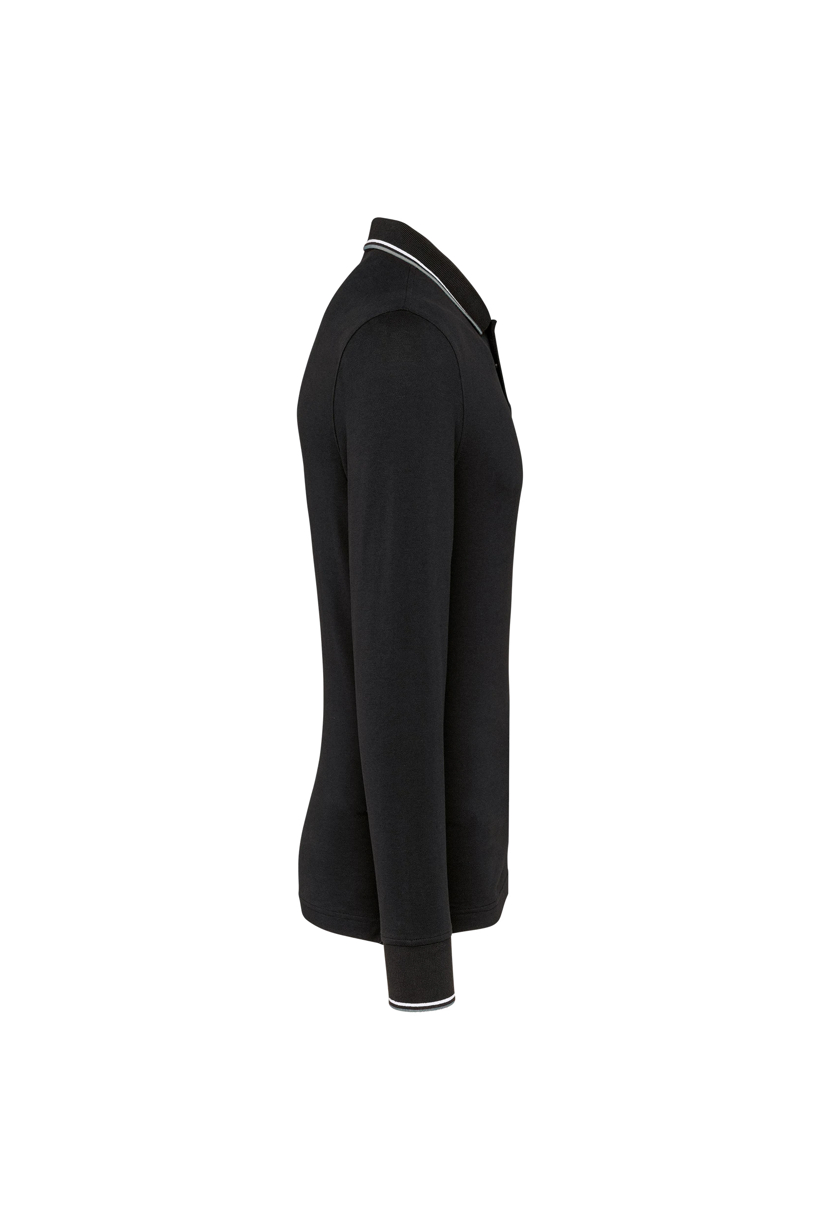 Polo maille piquée manches longues noir à bandes blanches et grises