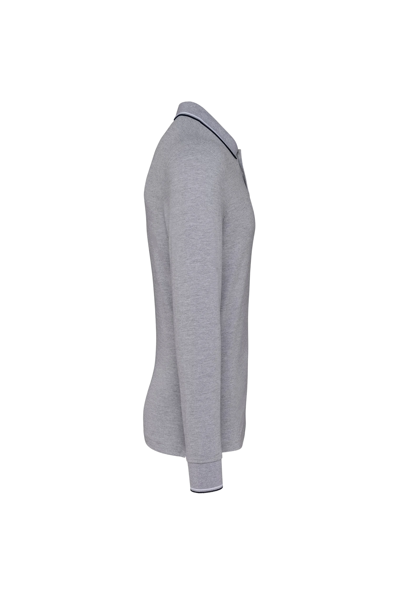 Polo maille piquée manches longues gris à bandes blanches et marine