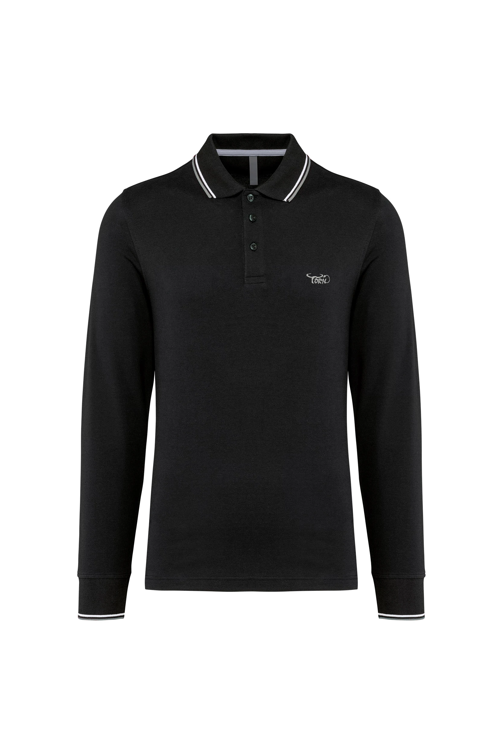 Polo maille piquée manches longues noir à bandes blanches et grises