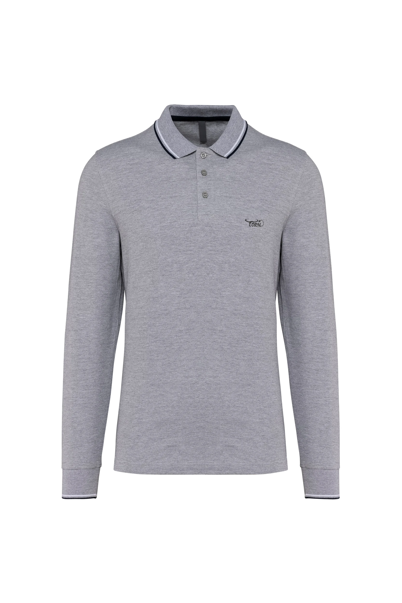 Polo maille piquée manches longues gris à bandes blanches et marine