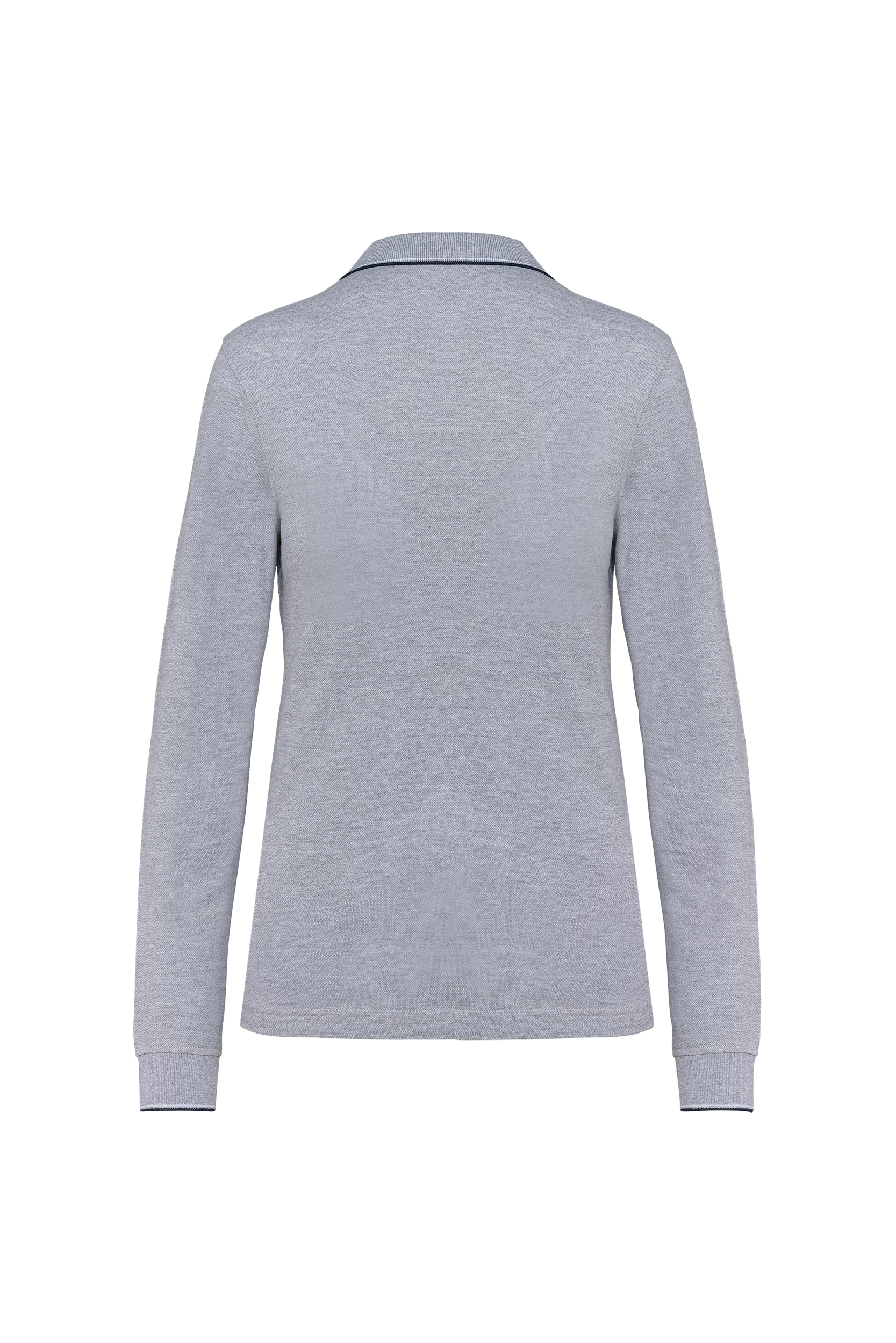 Polo maille piquée manches longues grise à bandes blanches et marine