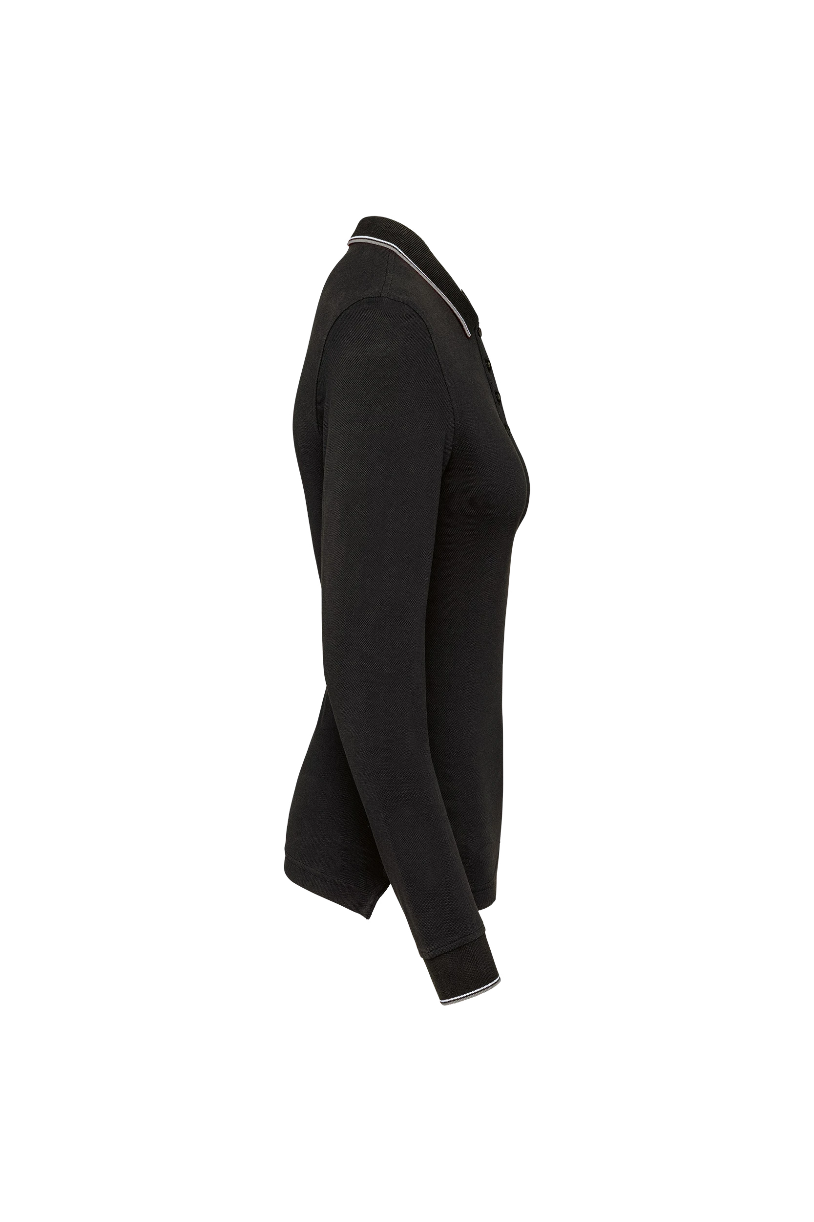 Polo maille piquée manches longues noir à bandes blanches et grises