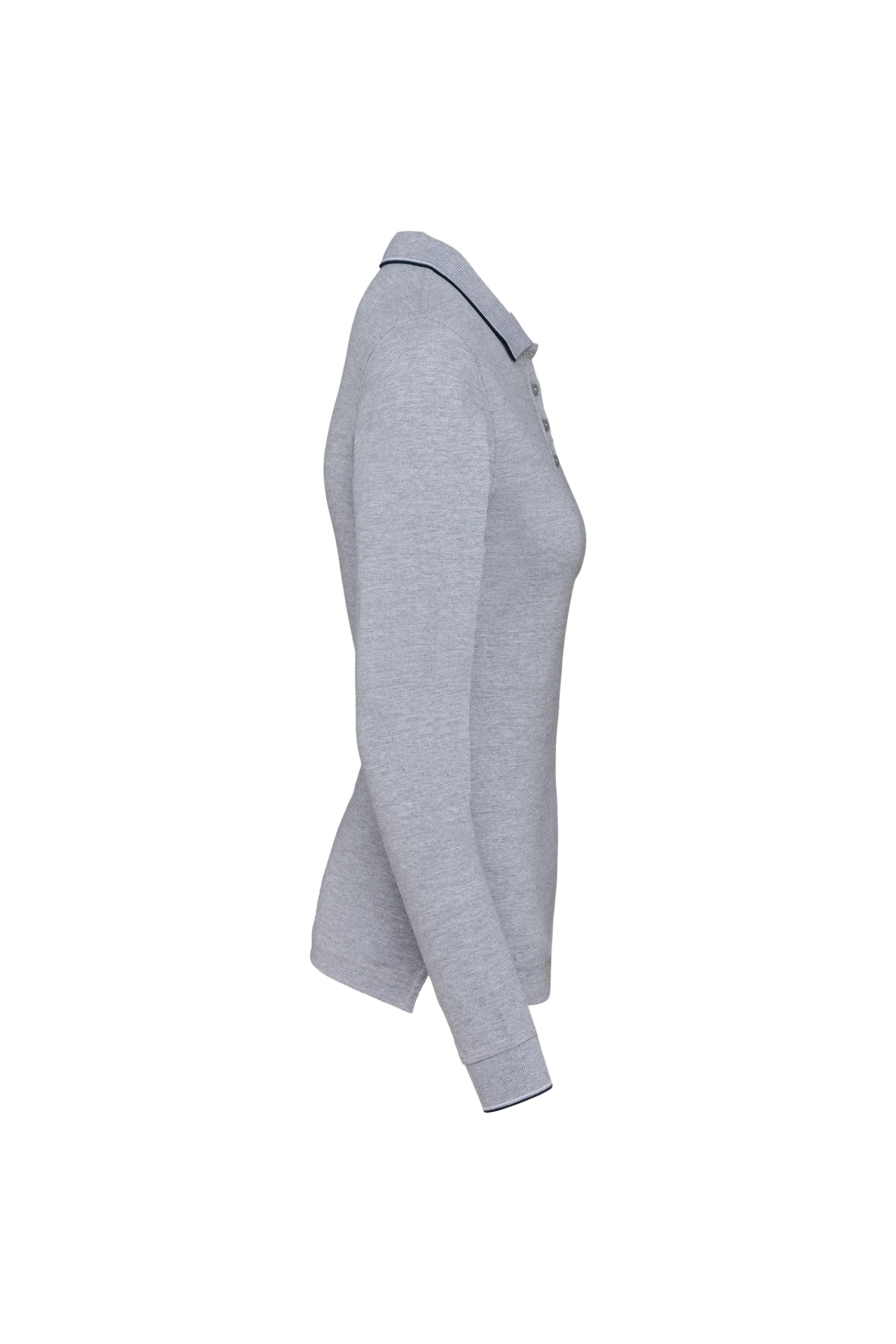 Polo maille piquée manches longues grise à bandes blanches et marine