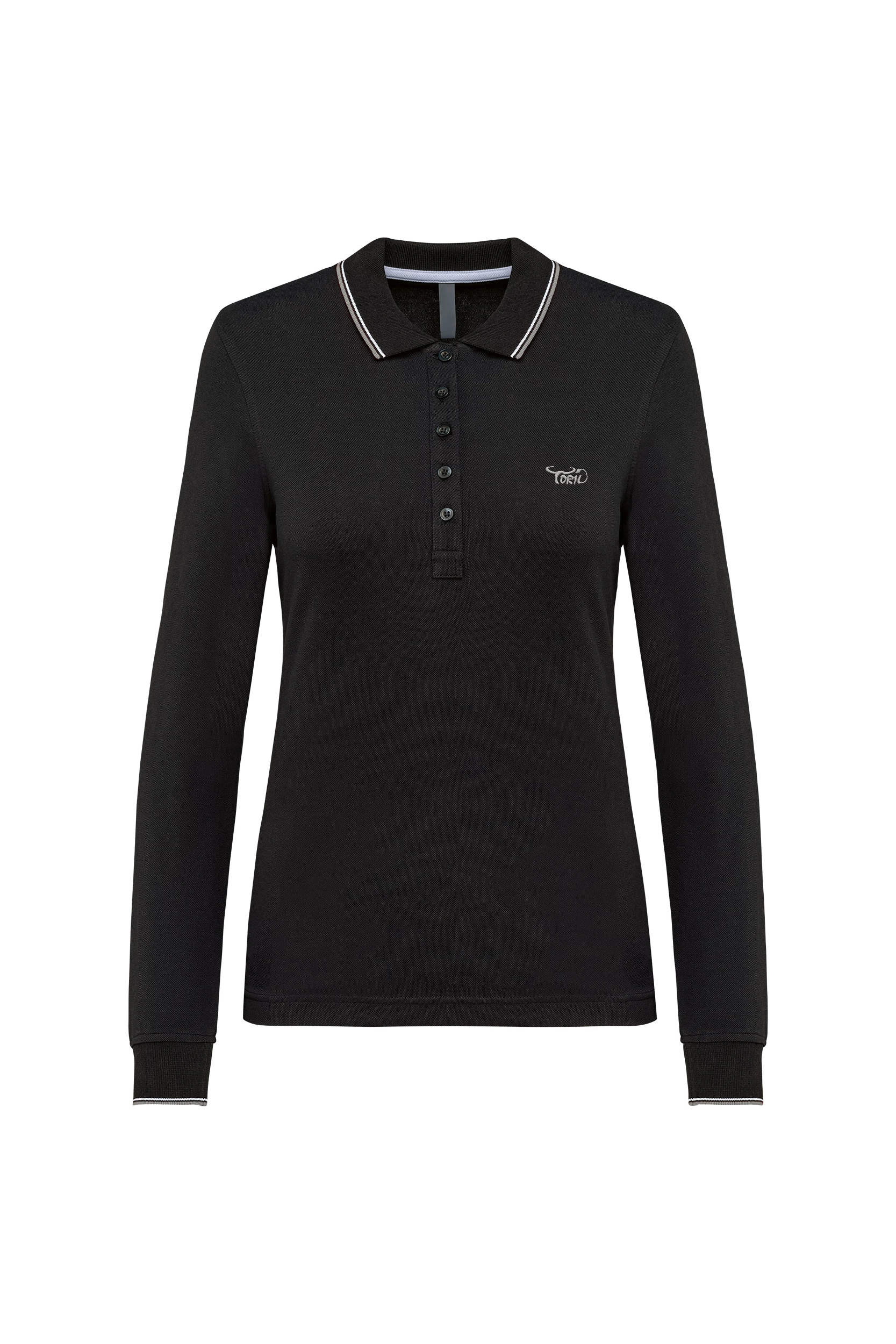 Polo maille piquée manches longues noir à bandes blanches et grises