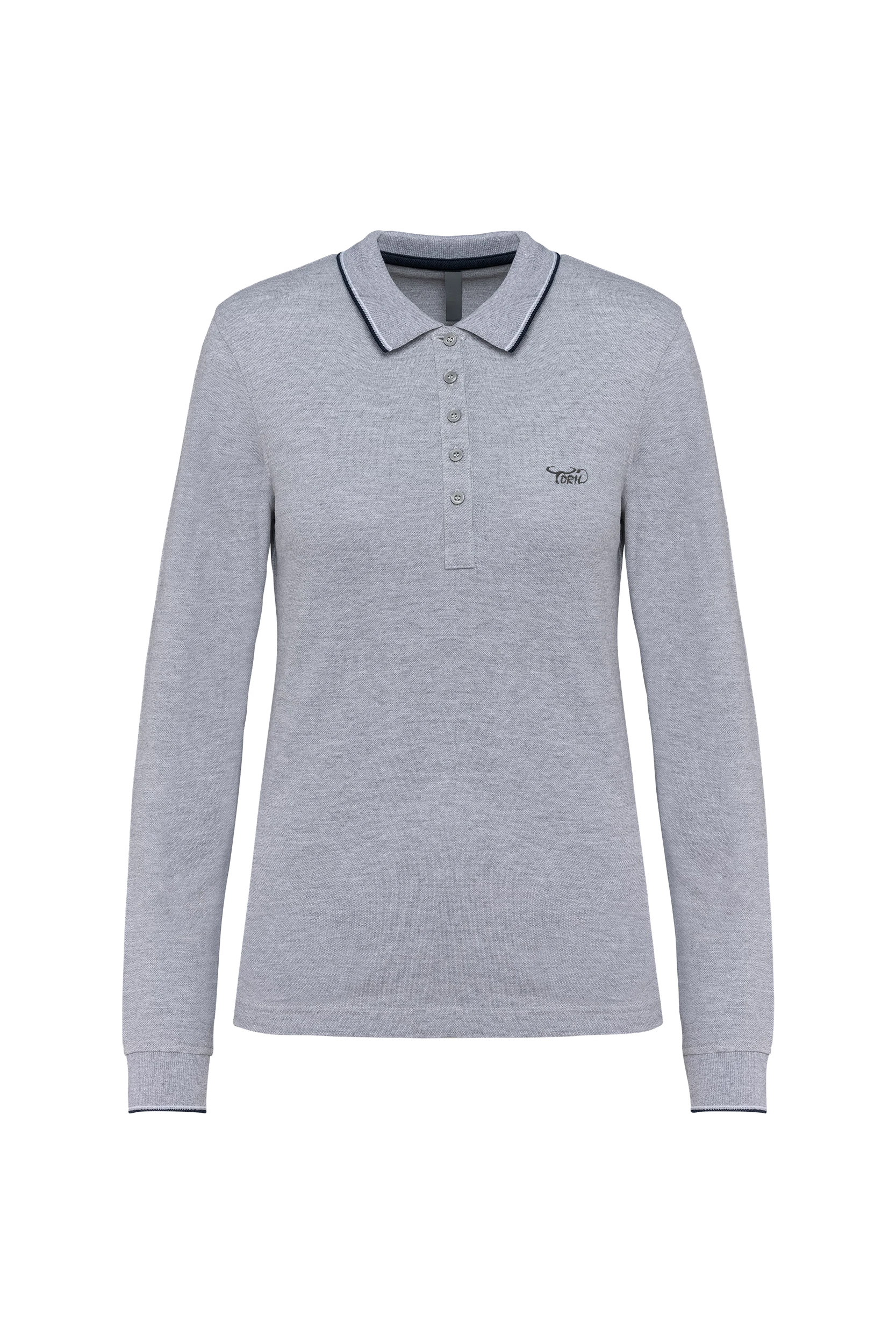 Polo maille piquée manches longues grise à bandes blanches et marine