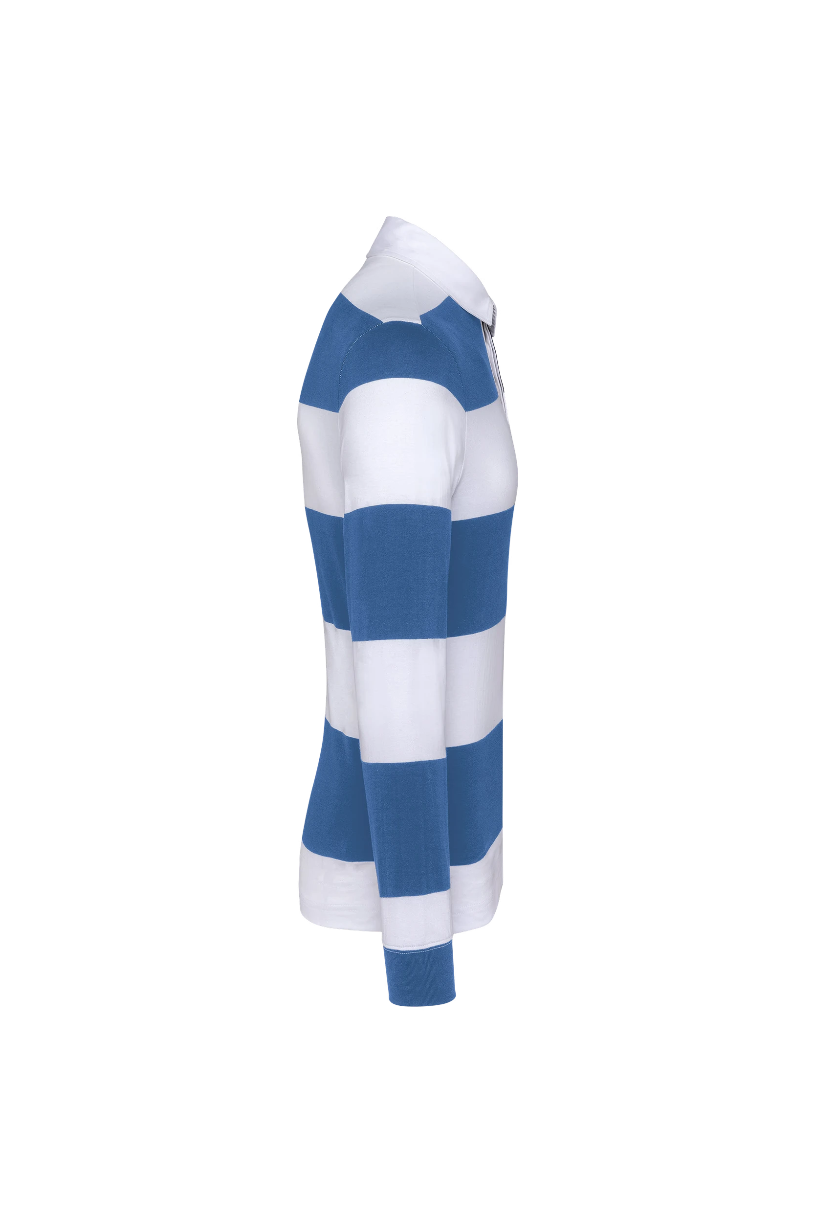 Polo rugby rayé manches longues unisexe bleu à bandes blanches