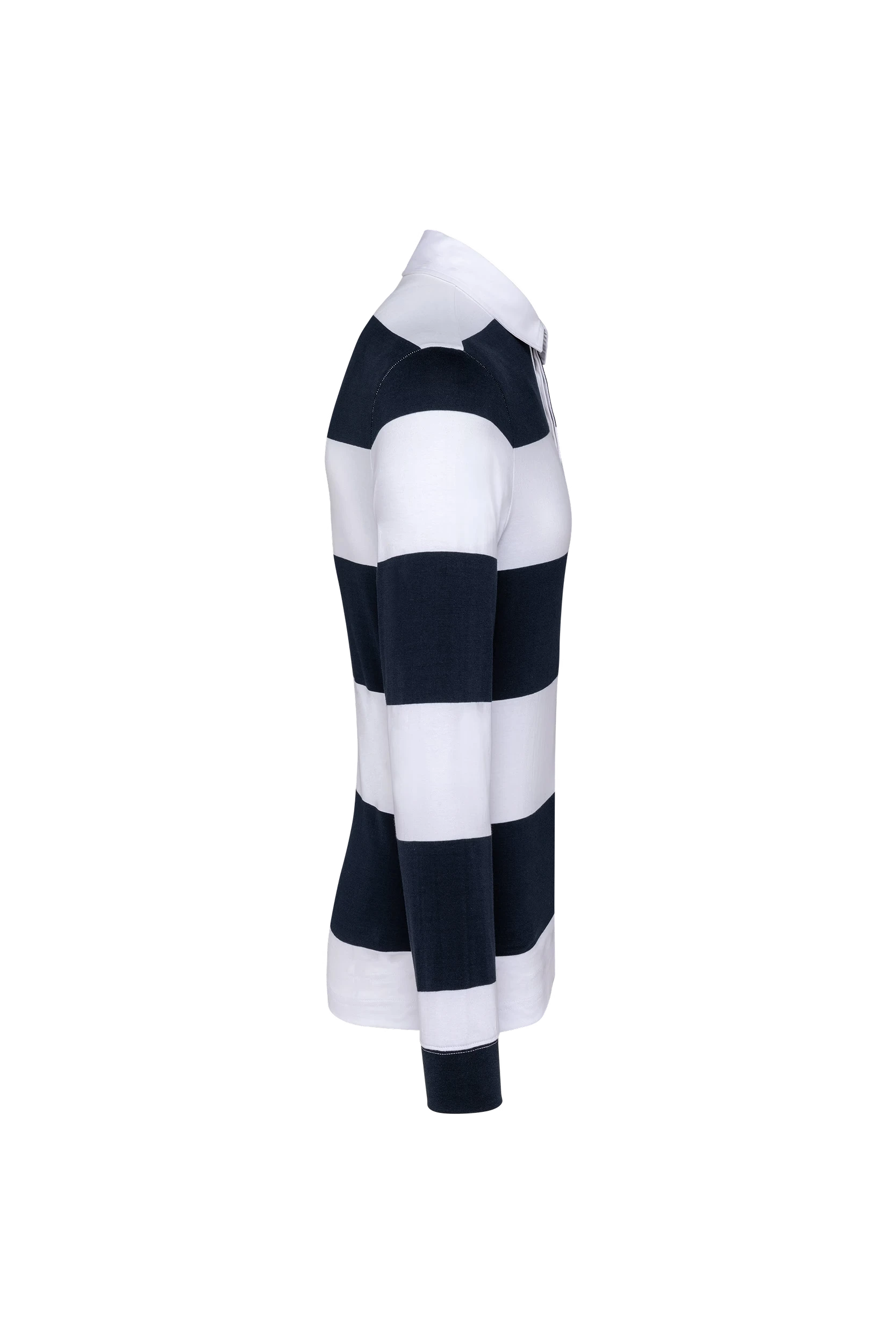 Polo rugby rayé manches longues unisexe marine à bandes blanches