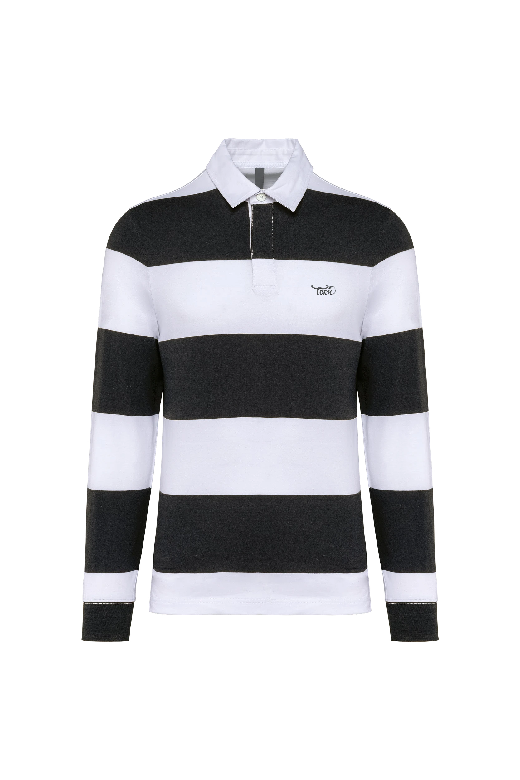 Polo rugby rayé manches longues unisexe noir à bandes blanches