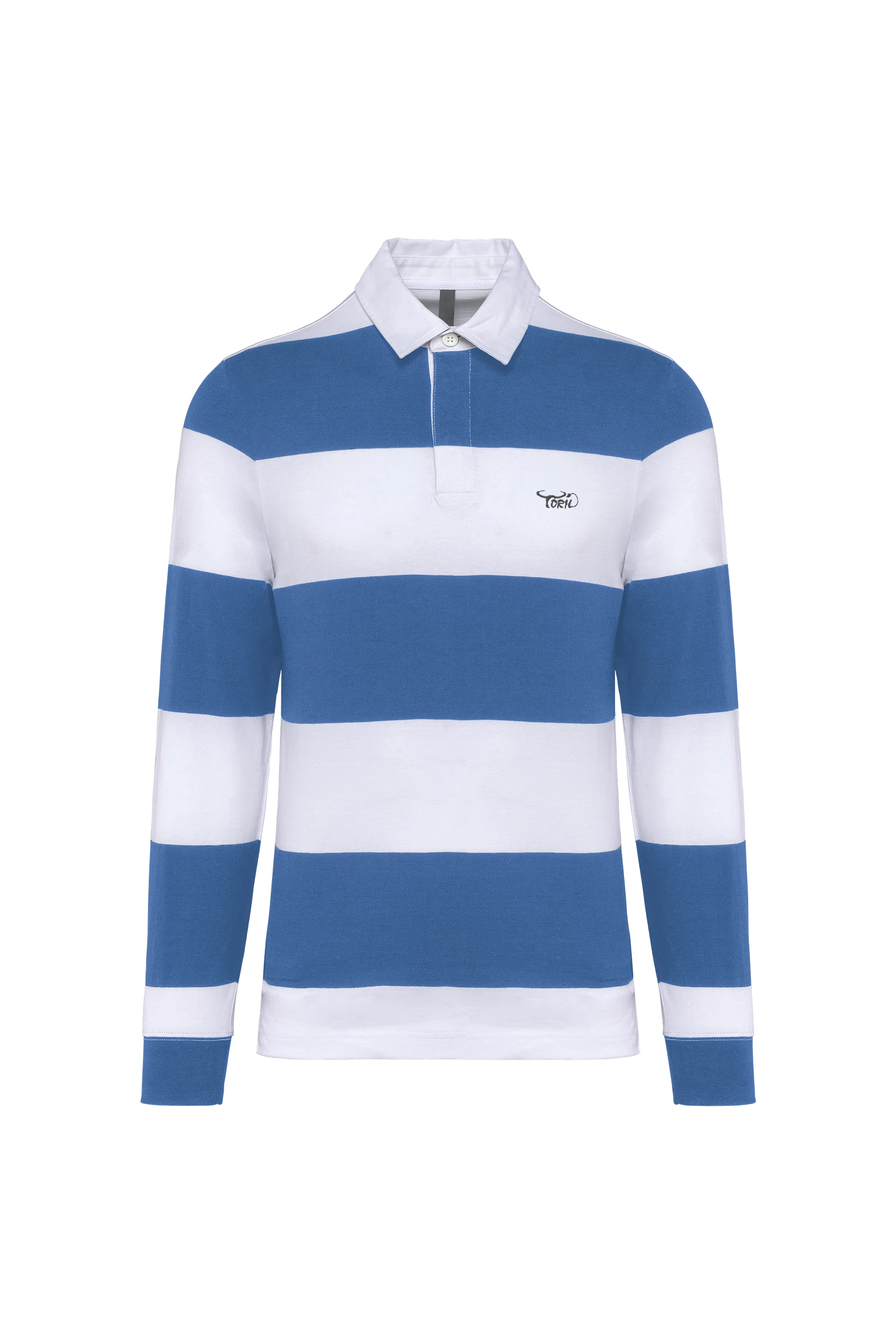 Polo rugby rayé manches longues unisexe bleu à bandes blanches