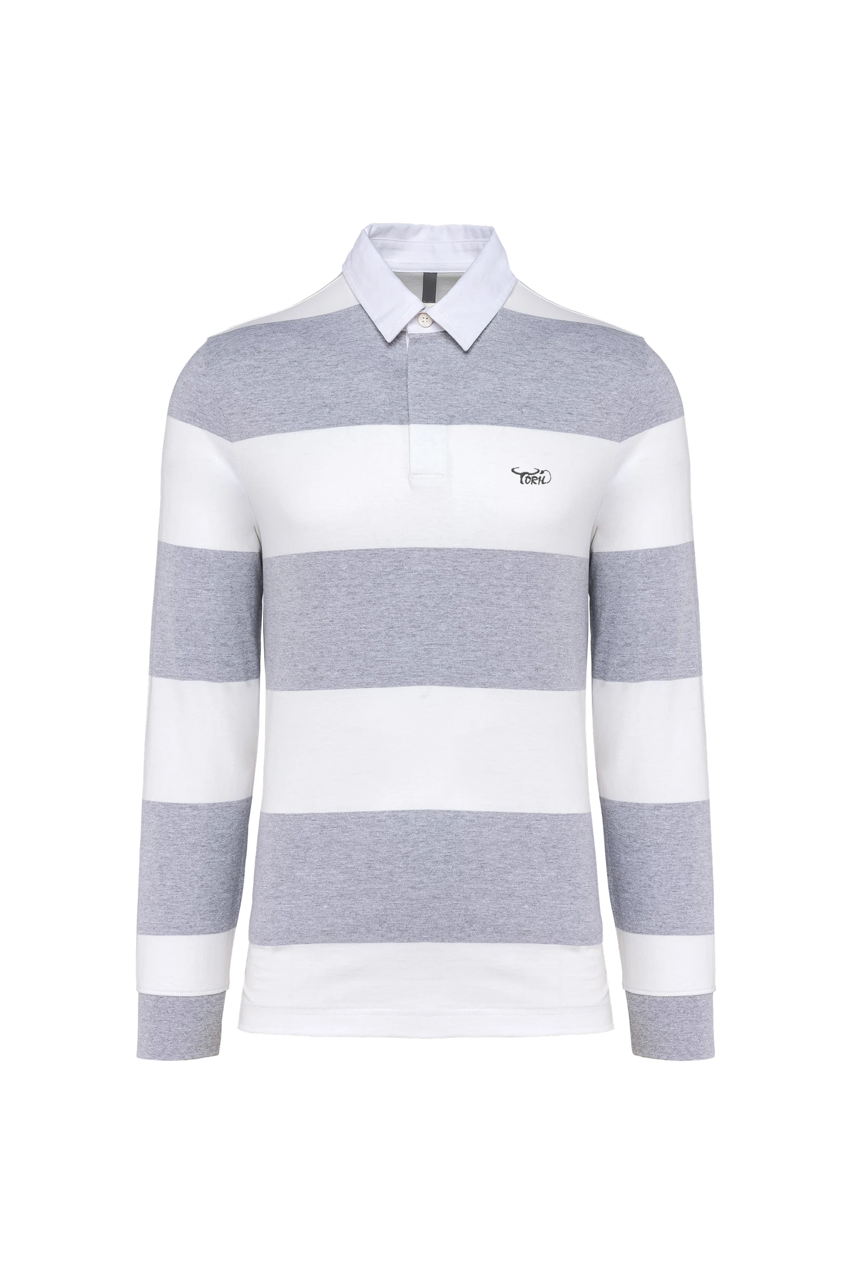 Polo rugby rayé manches longues unisexe gris à bandes blanches