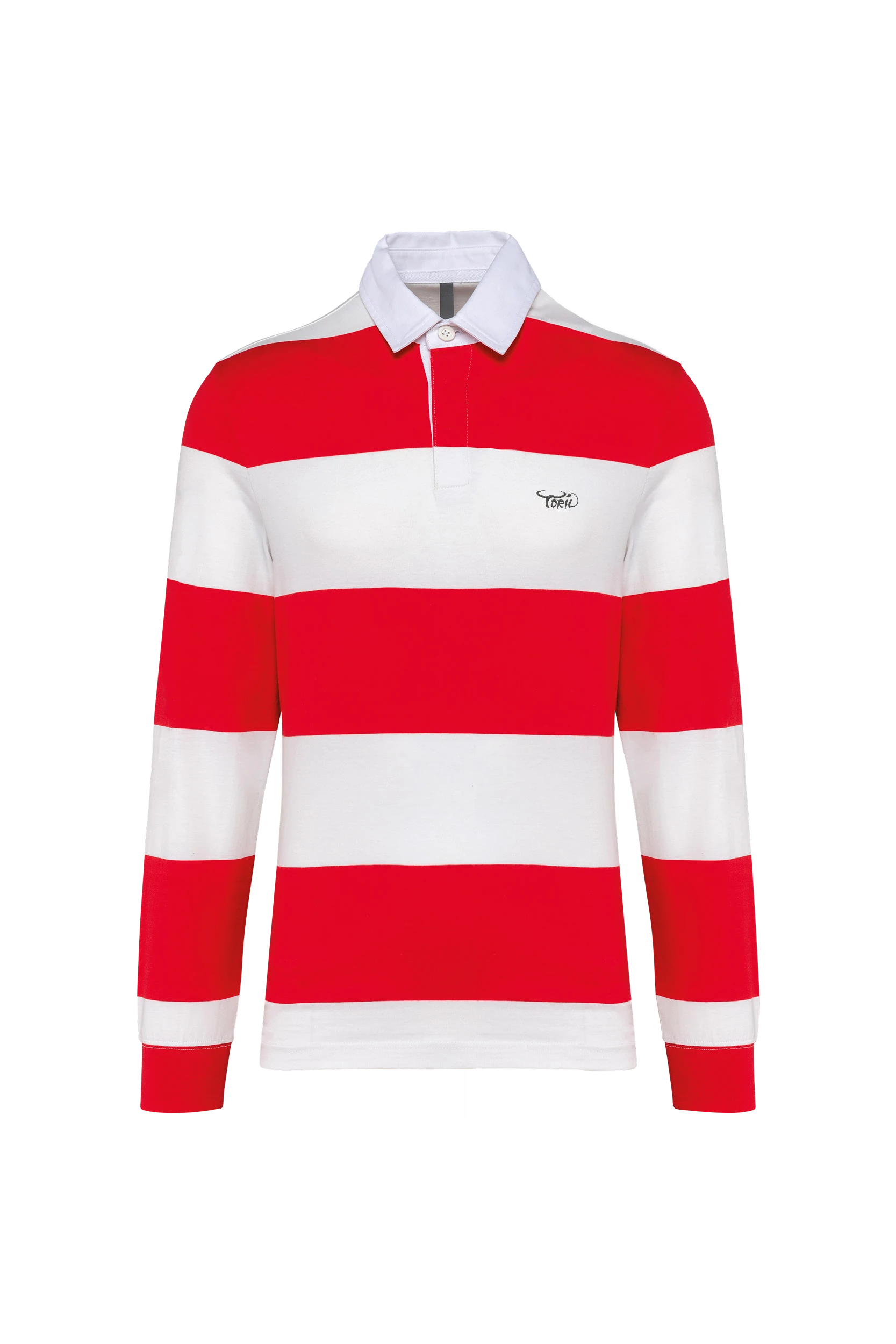 Polo rugby rayé manches longues unisexe rouge à bandes blanches