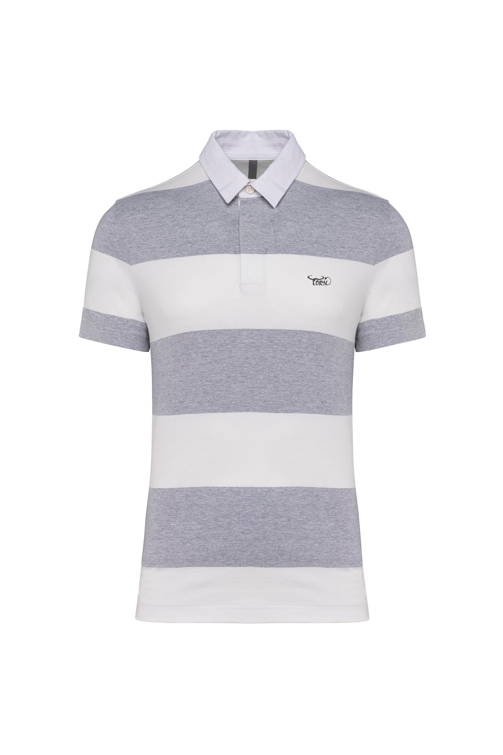 Polo rugby rayé manches courtes unisexe gris à bandes blanches