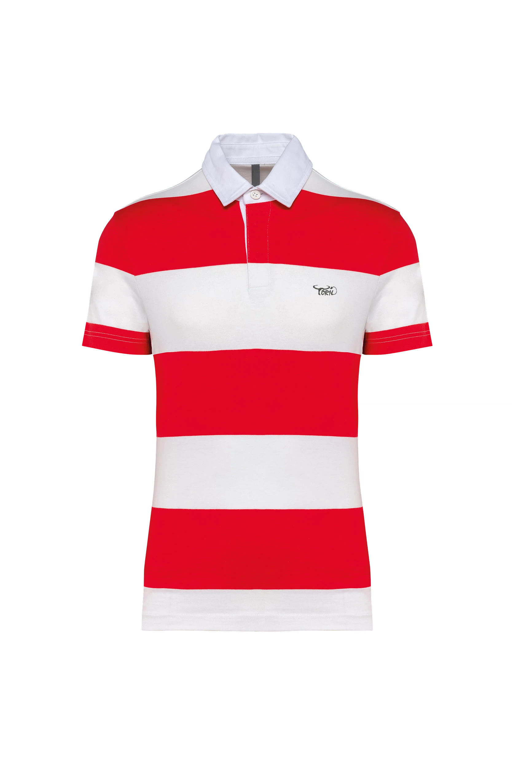 Polo rugby rayé manches courtes unisexe rouge à bandes blanches