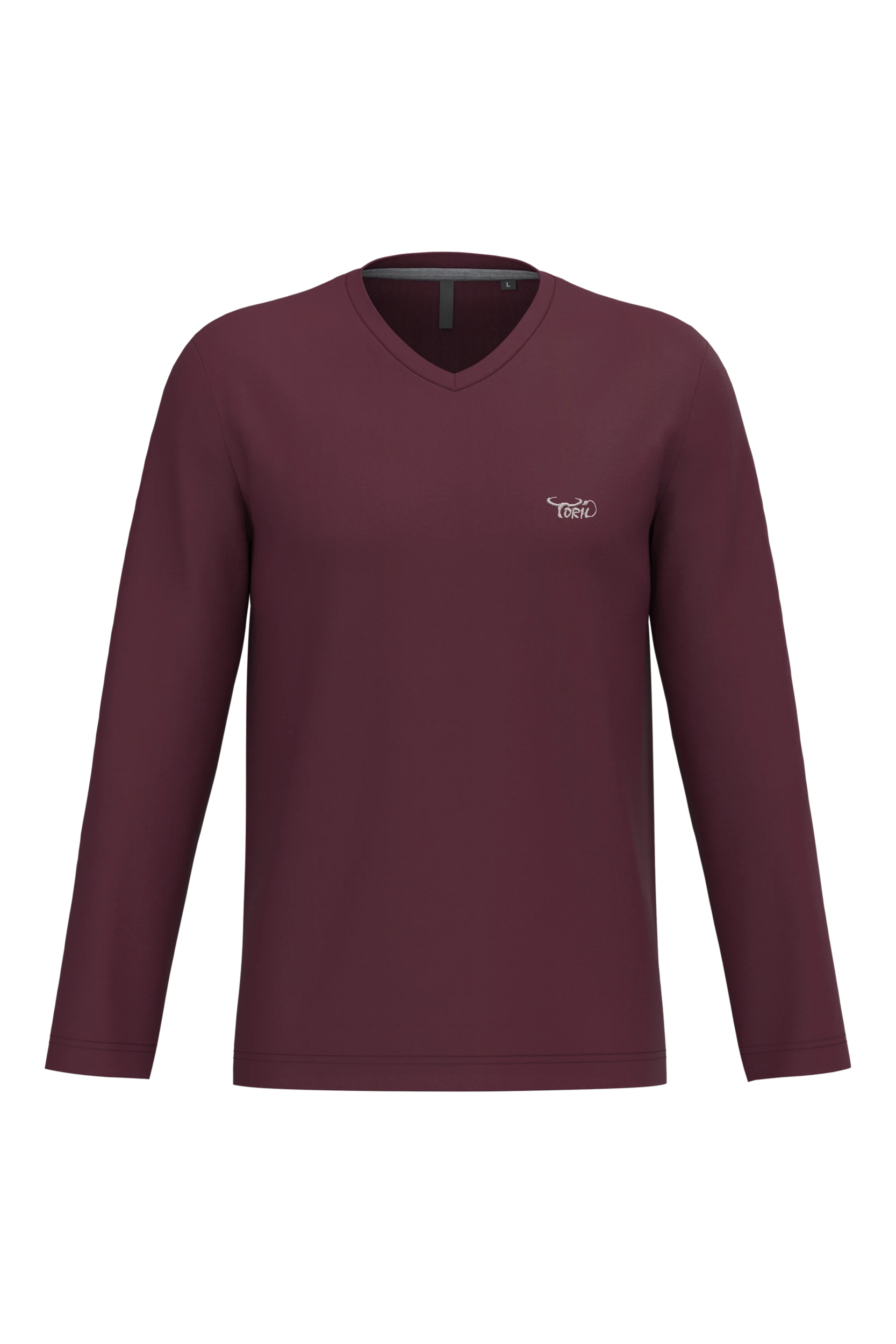 T-shirt col v manches longues bordeaux