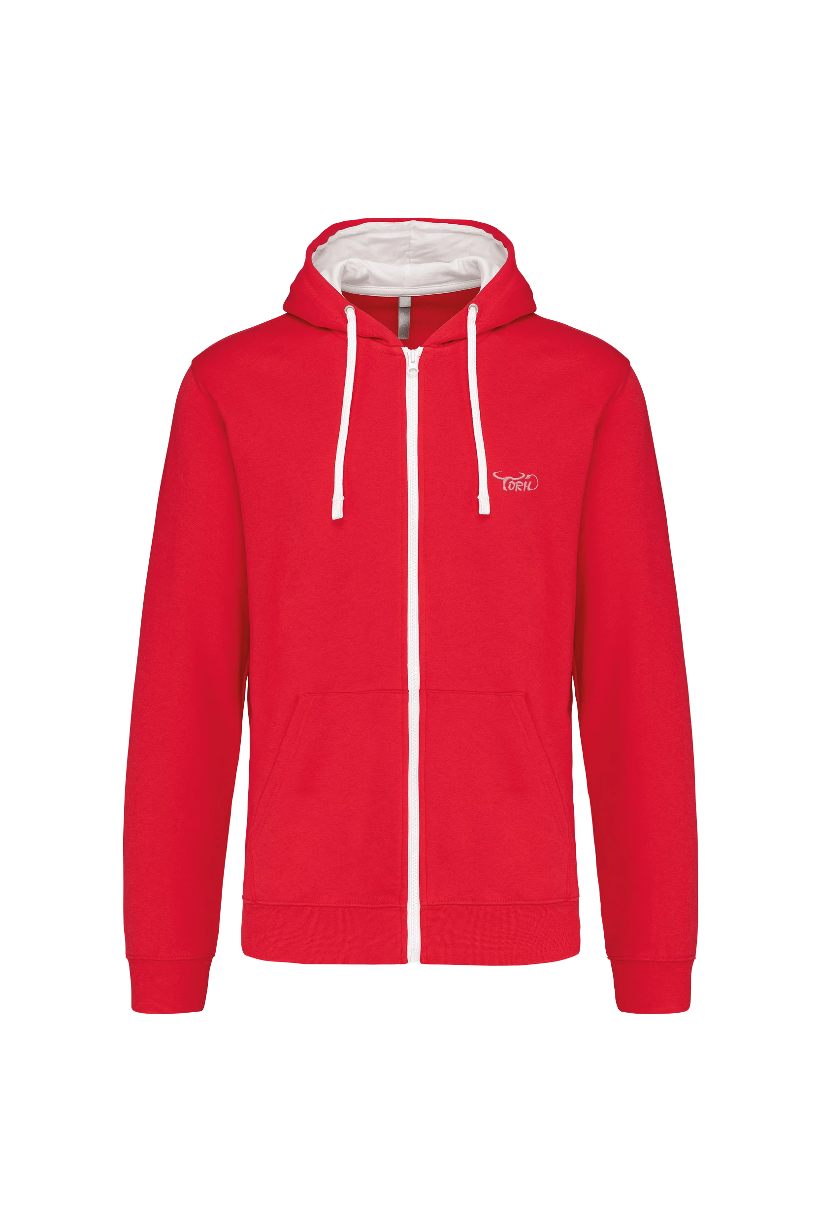 Sweat-shirt zippé capuche contrastée rouge