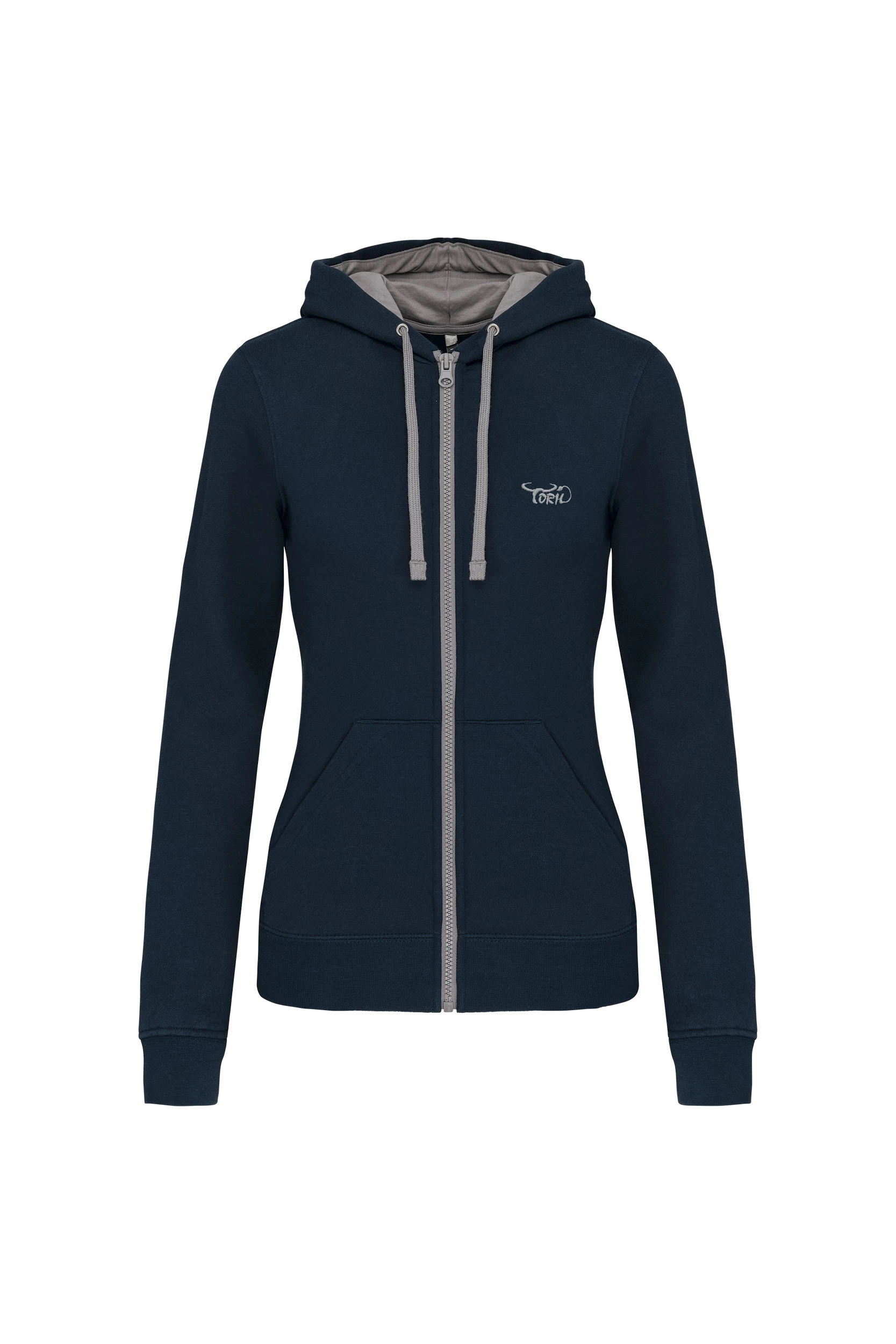 Sweat-shirt zippé capuche contrastée marine