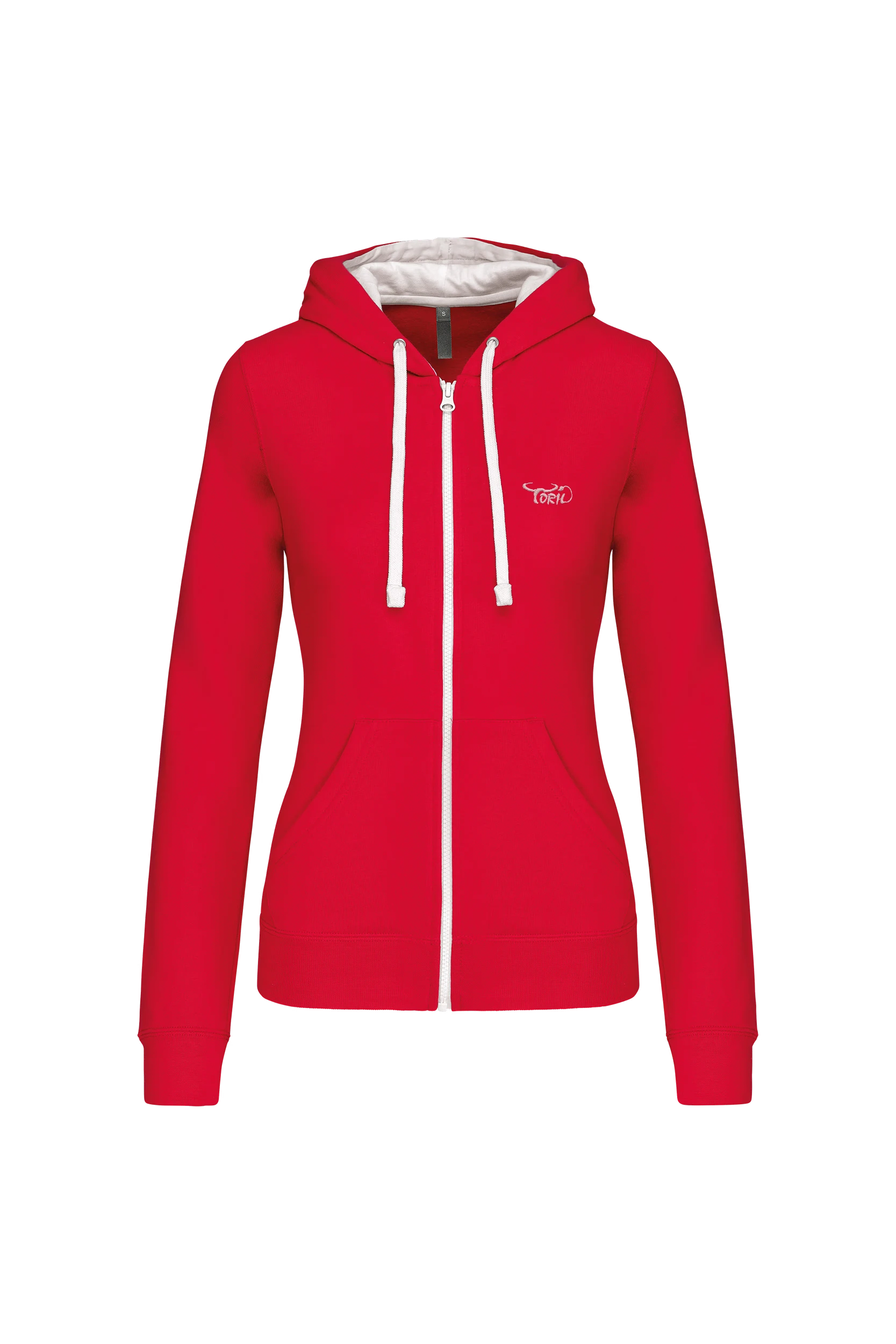 Sweat-shirt zippé capuche contrastée rouge