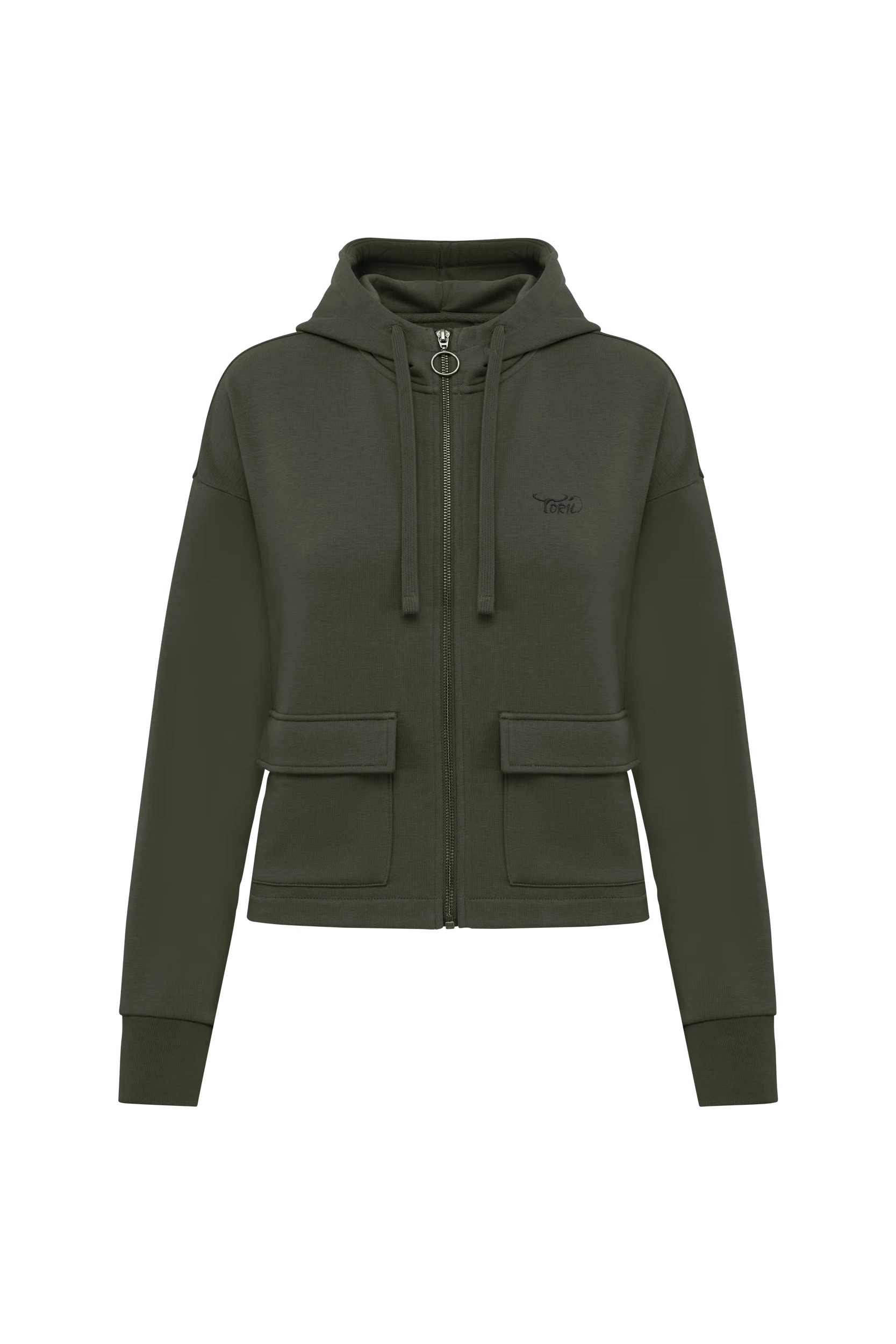 Sweat-shirt zippé à capuche french terry kaki