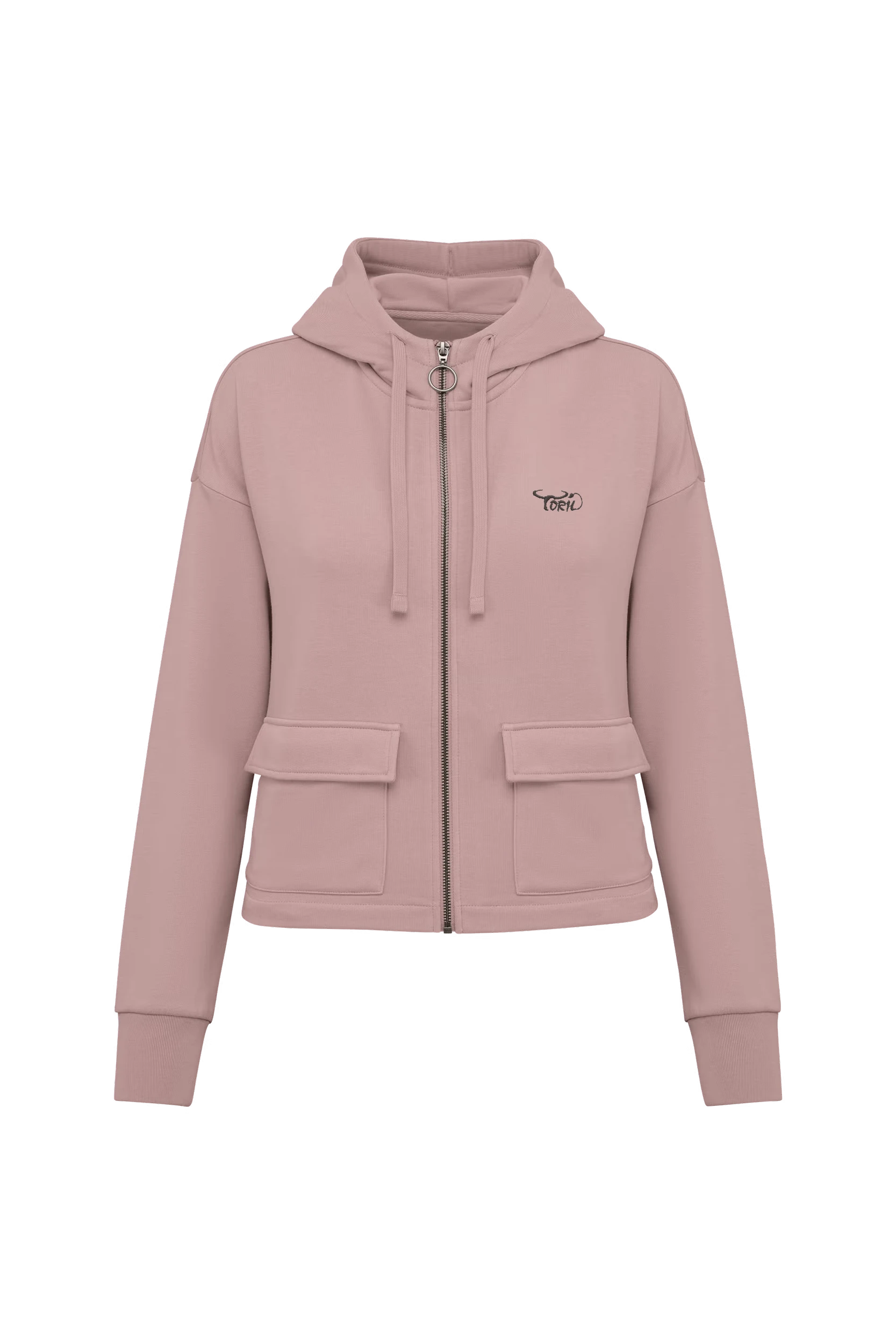 Sweat-shirt zippé à capuche french terry rose pétale